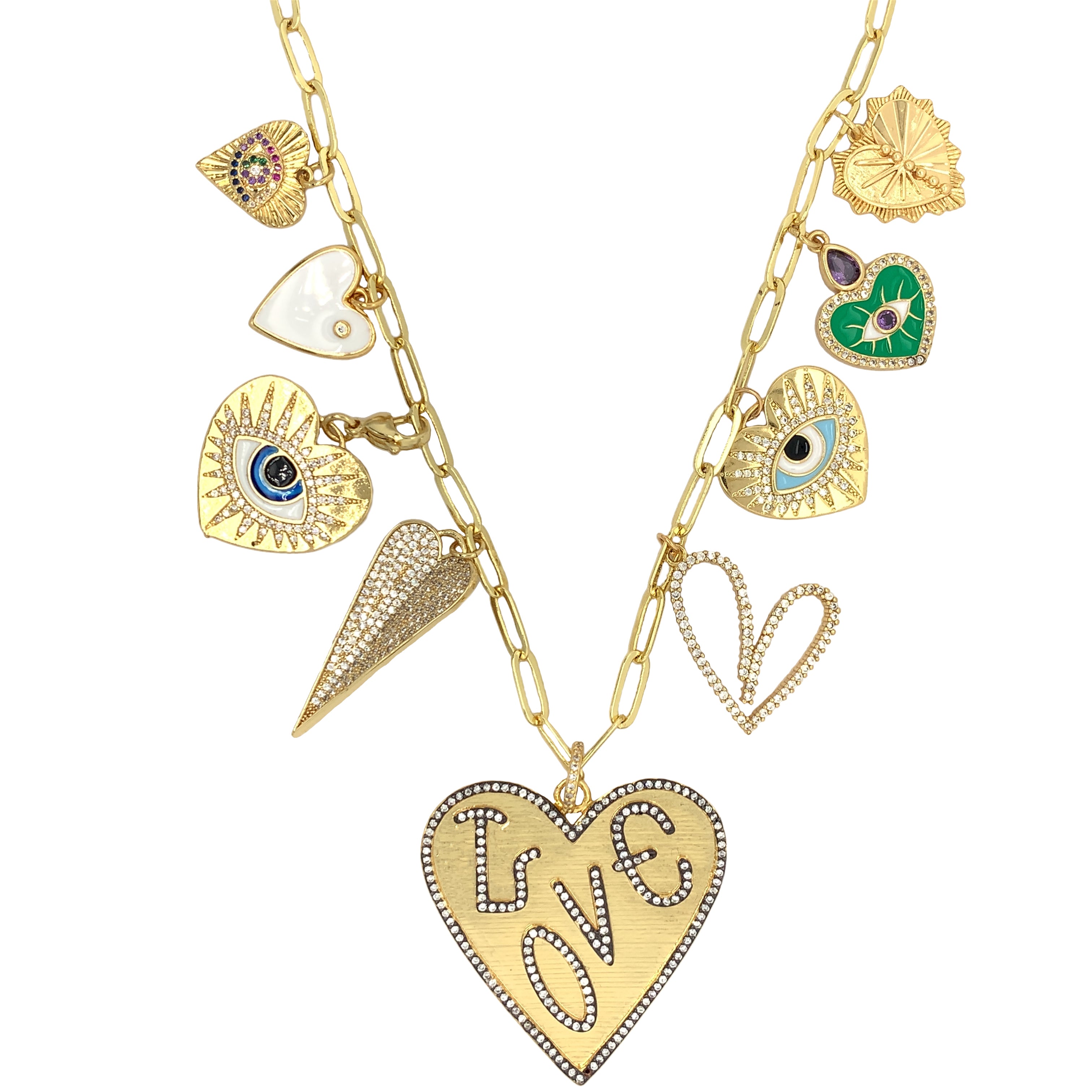 Multi Heart and Eye Charm Necklace  Yellow Gold Plated 9 Charms  Length is adjustable from 18"-19"