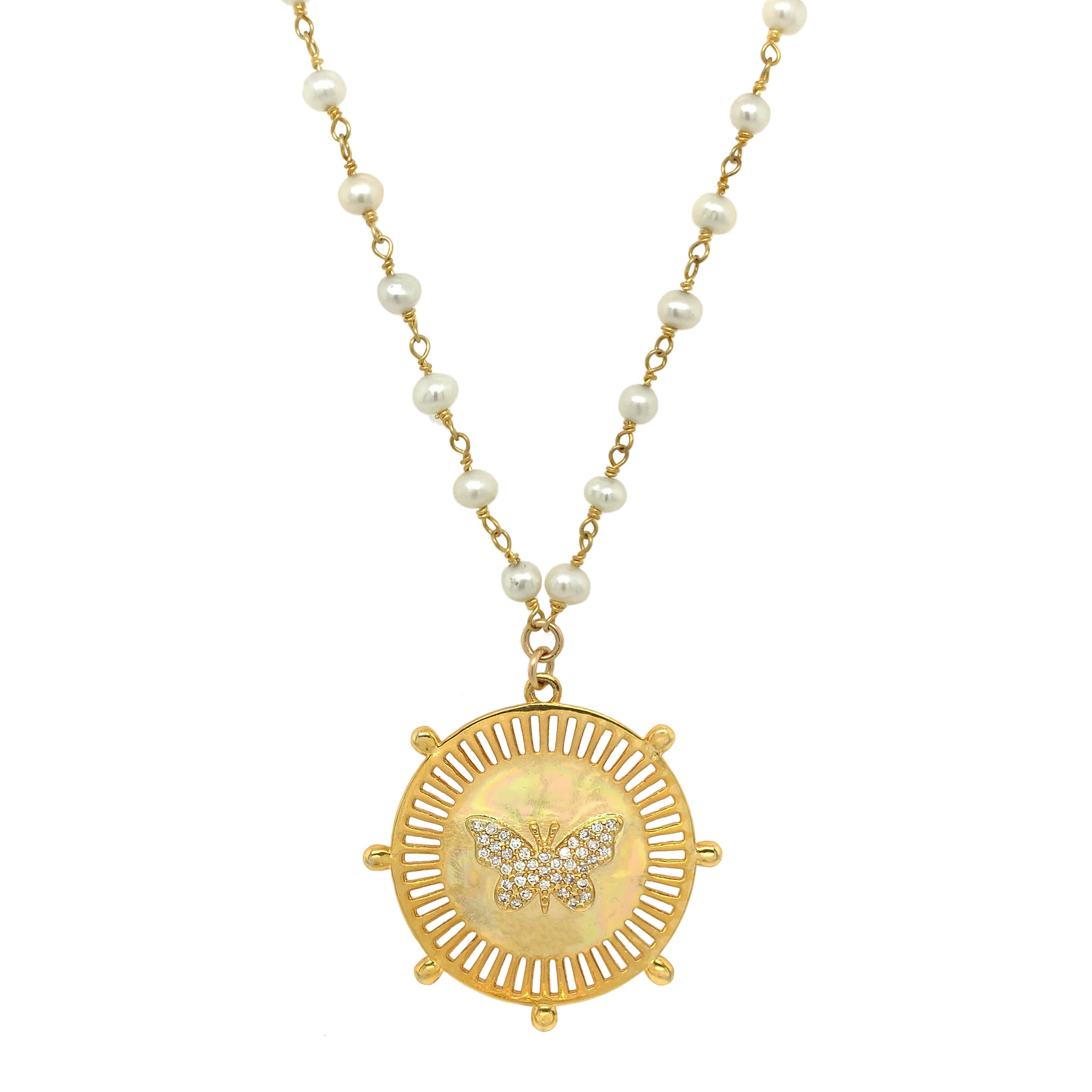 Butterfly & Pearl Disc Necklace
