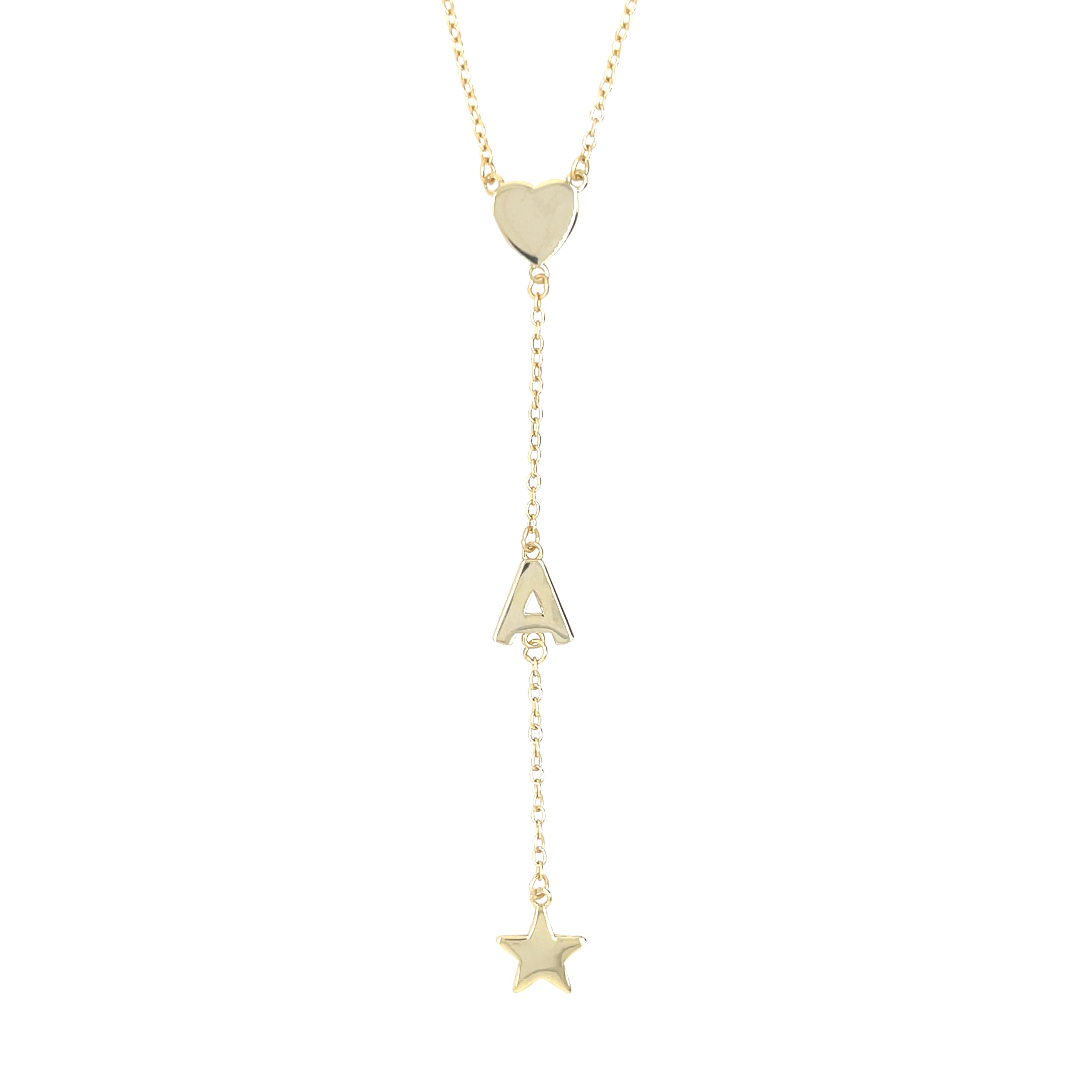 Heart, A Initial, & Star Lariat Chain Necklace Yellow Gold Plated Over Silver 3" Drop 16-18" Adjustable Length