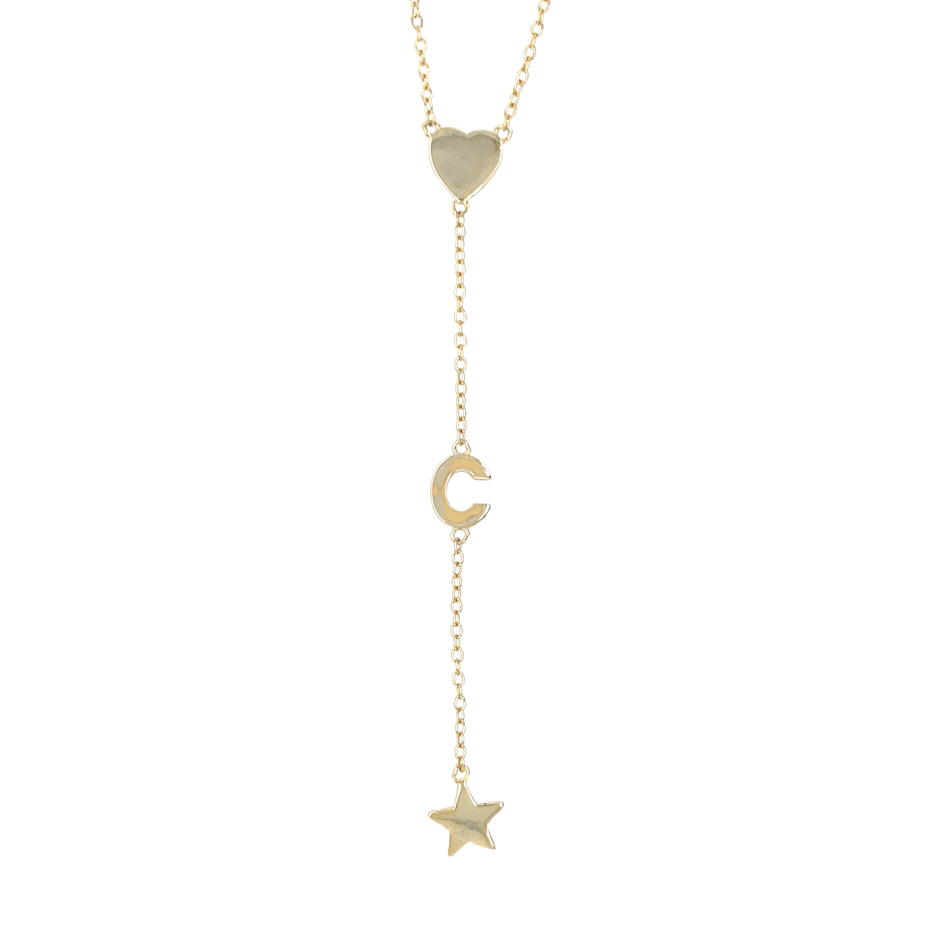 Heart, C Initial, & Star Lariat Chain Necklace Yellow Gold Plated Over Silver 3" Drop 16-18" Adjustable Length