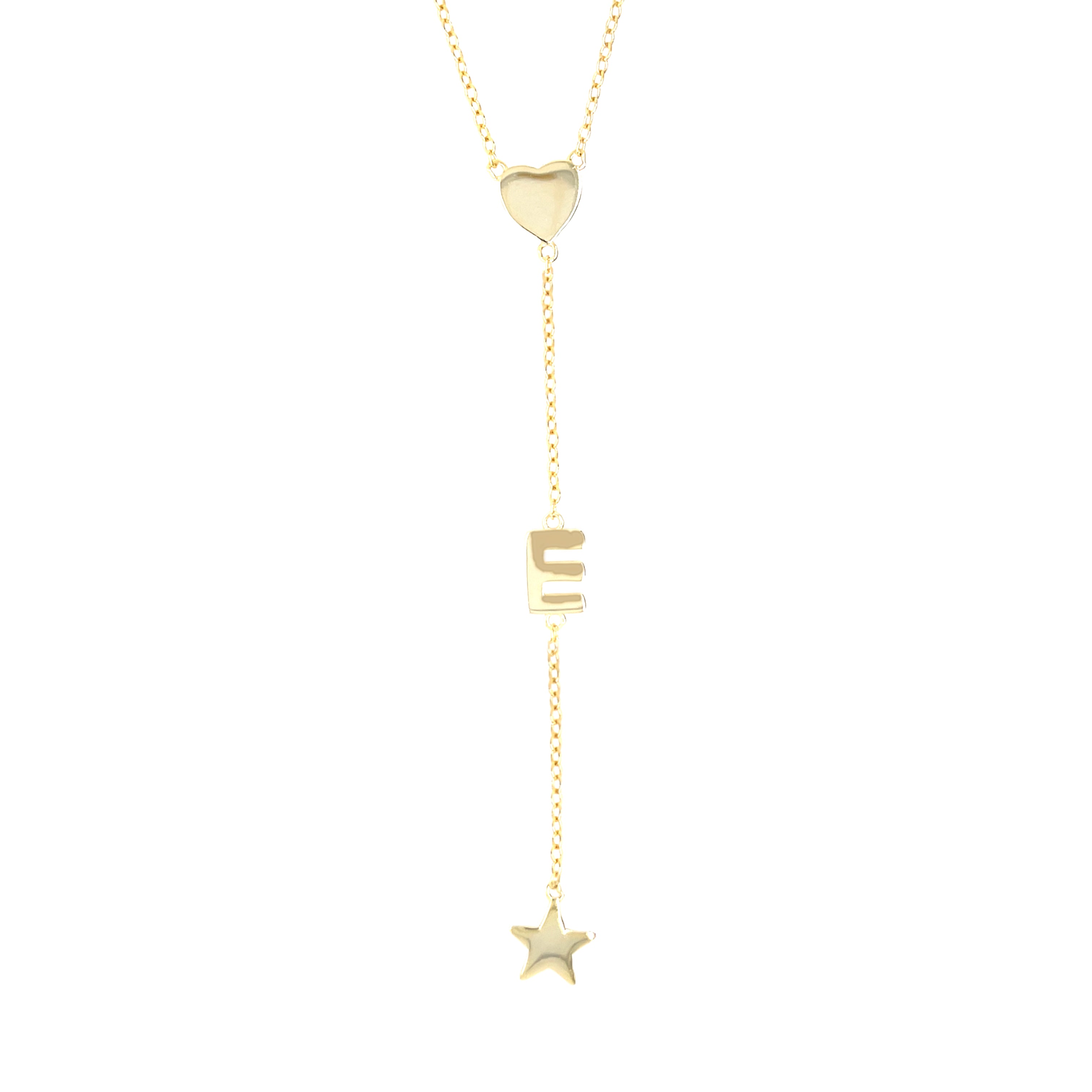 Heart, E Initial, & Star Lariat Chain Necklace Yellow Gold Plated Over Silver 3" Drop 16-18" Adjustable Length