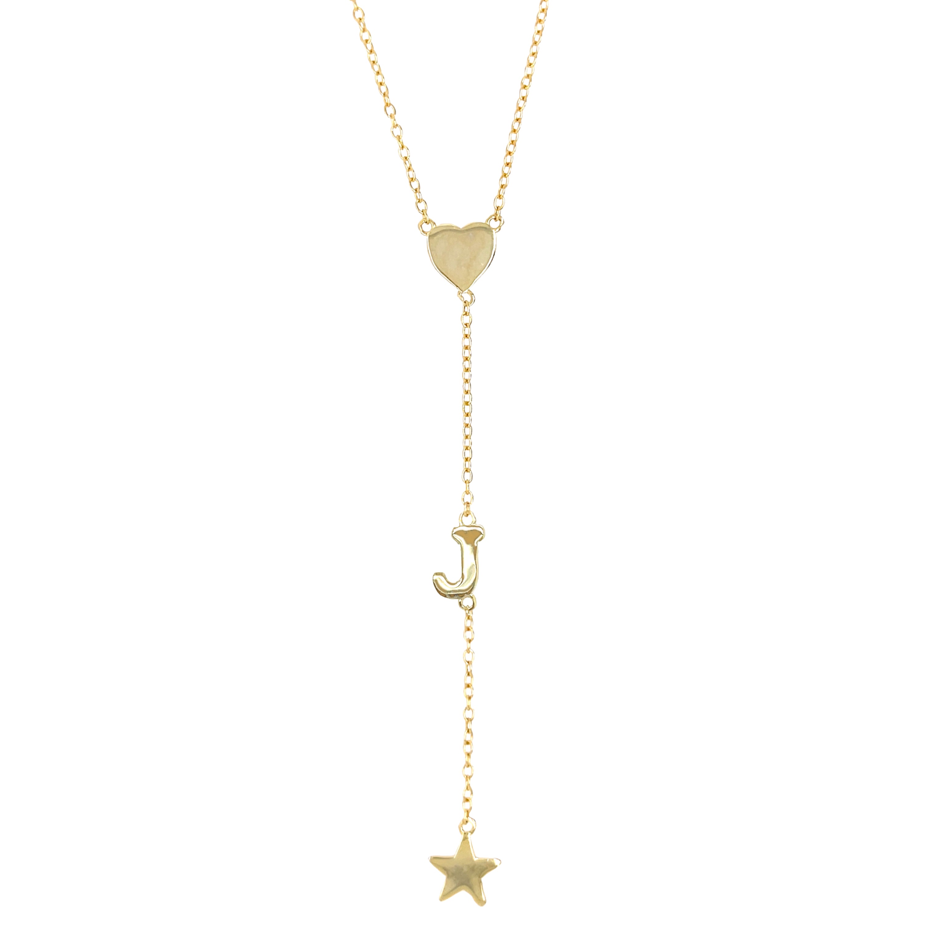 Heart, J Initial, & Star Lariat Chain Necklace Yellow Gold Plated Over Silver 3" Drop 16-18" Adjustable Length