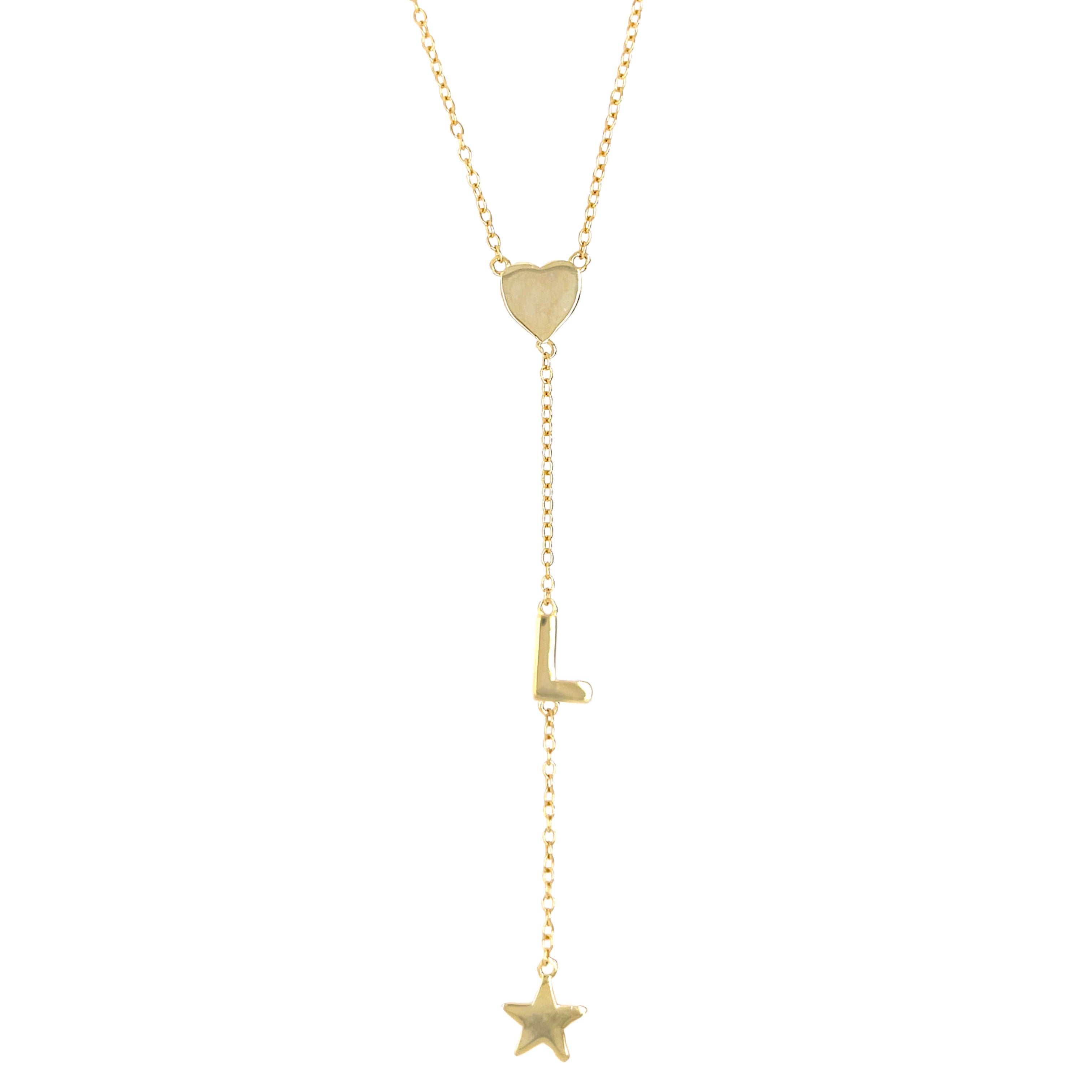Heart, L Initial, & Star Lariat Chain Necklace Yellow Gold Plated Over Silver 3" Drop 16-18" Adjustable Length