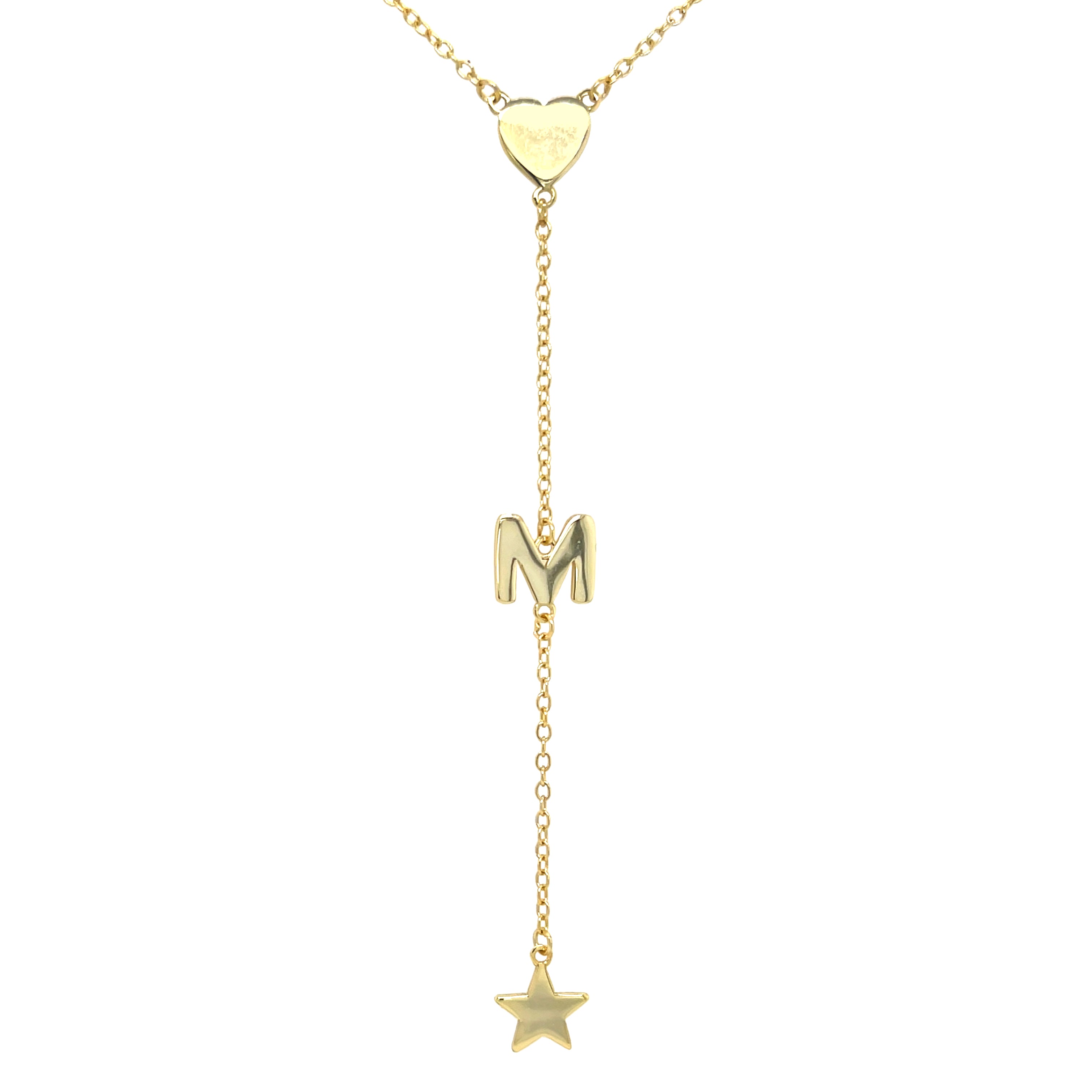 Heart, M Initial, & Star Lariat Chain Necklace Yellow Gold Plated Over Silver 3" Drop 16-18" Adjustable Length