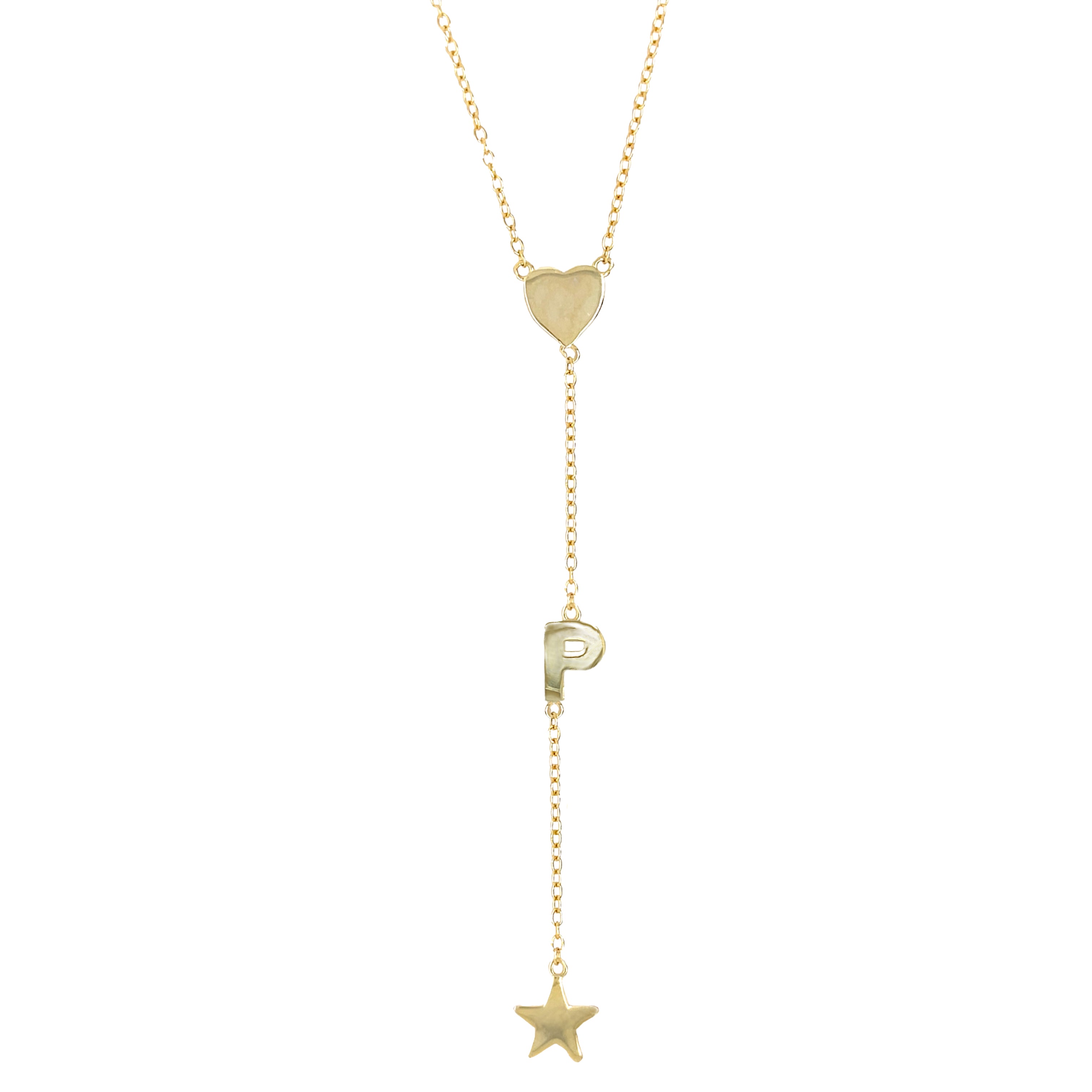 Heart, P Initial, & Star Lariat Chain Necklace Yellow Gold Plated Over Silver 3" Drop 16-18" Adjustable Length