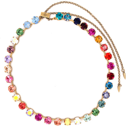 Rainbow Ombre Crystal Stone Slider Adjustable Necklace  18K Antiqued Gold Finish Stone: 8- 8.5 MM Each Prong Set Crystals 26" Long, 15" at the shortest length