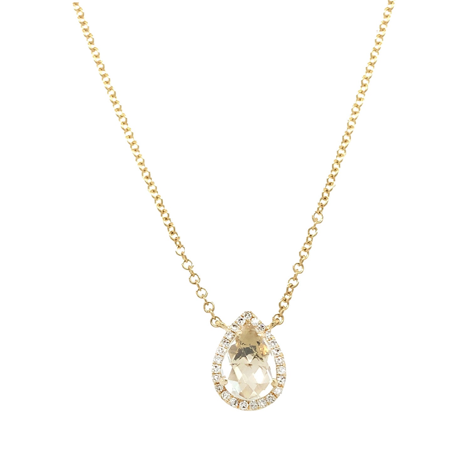 14K Gold White Topaz & Diamond Teardrop on Delicate Chain Necklace 14K Yellow Gold 0.09 Diamond Carat Weight 0.78 White Topaz Carat Weight Stone: 0.36" Long X 0.28" Weight Chain: 16-18" Long