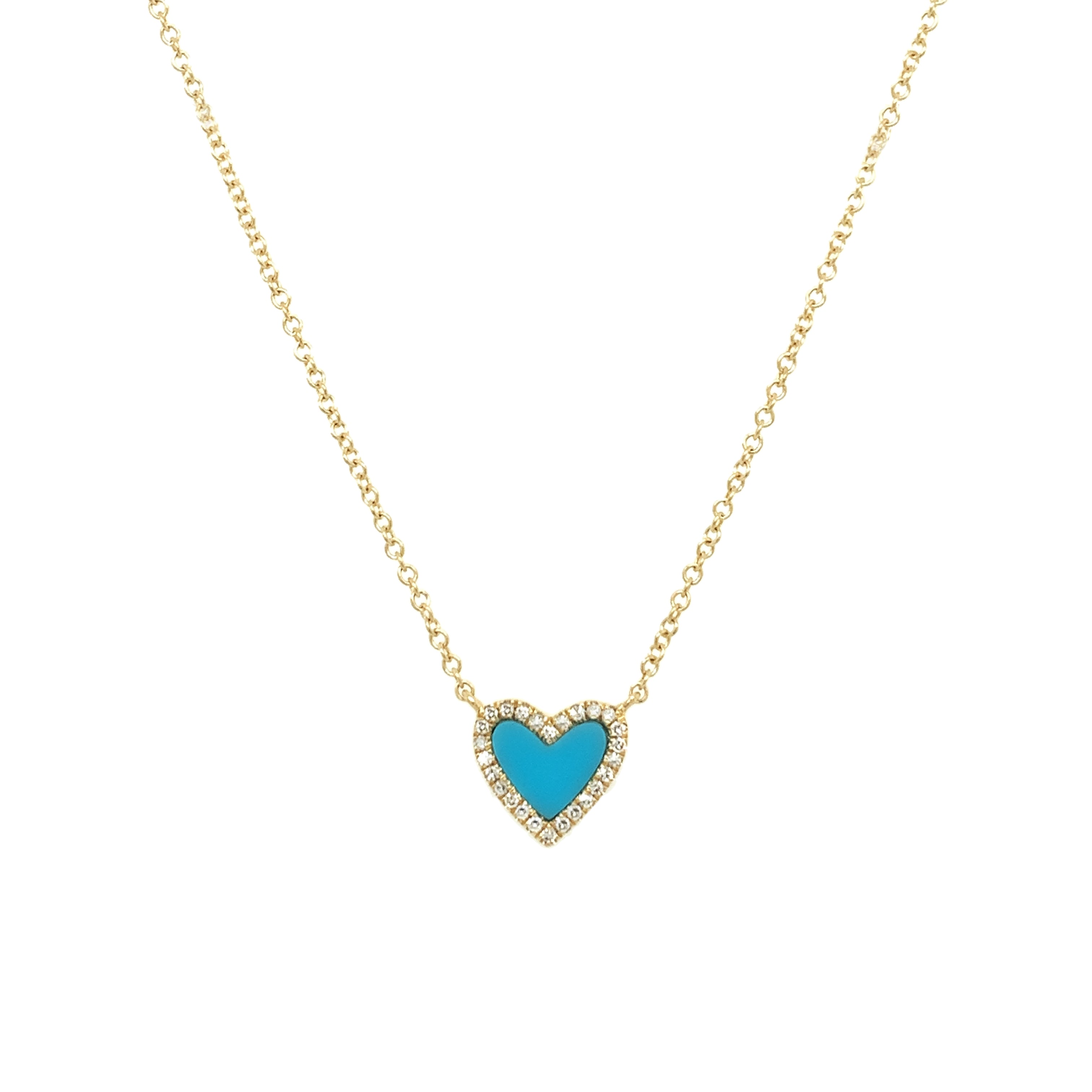 Diamond & Turquoise Heart Pendant Chain Necklace  14K Yellow Gold 0.06 Carats of Diamonds 0.13 Carats of Turquoise 15.5-17.5" Chain Length Heart: 5/16" Length X 1/4" Width