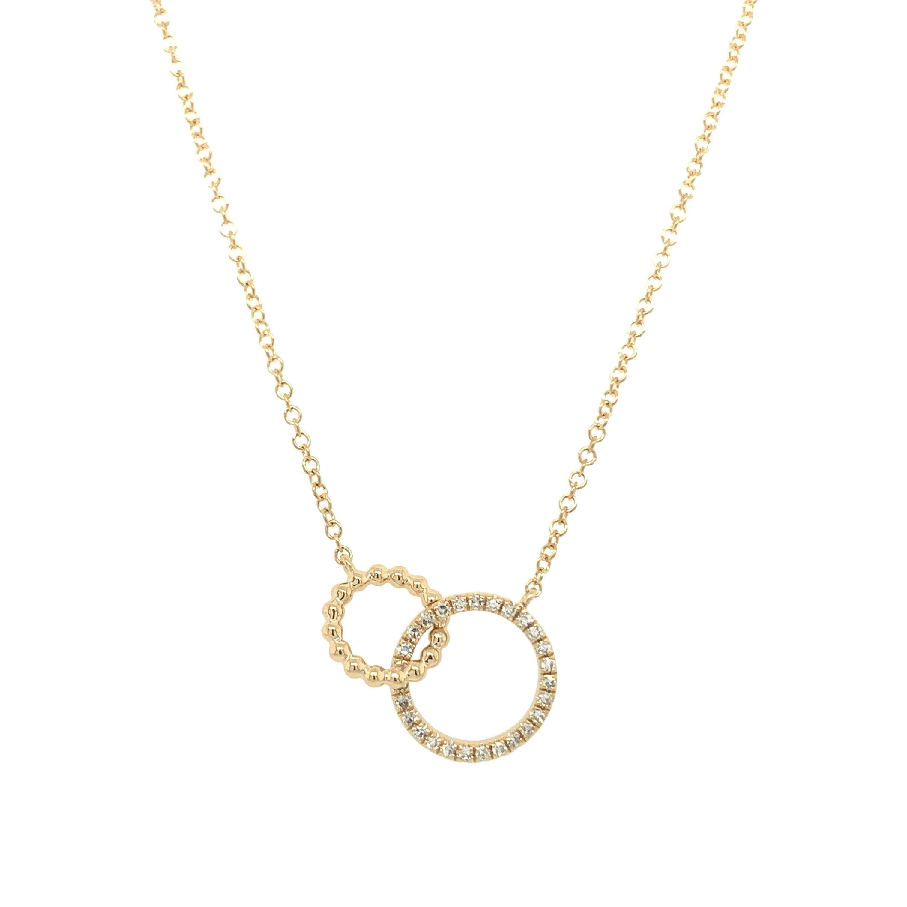 Diamond Interlocking Chain Necklace 14K Yellow Gold 0.08 Diamond Carat Weight Large Circle: 0.4" Diameter Small Circle: 0.3" Diameter Chain: 16-18" Length