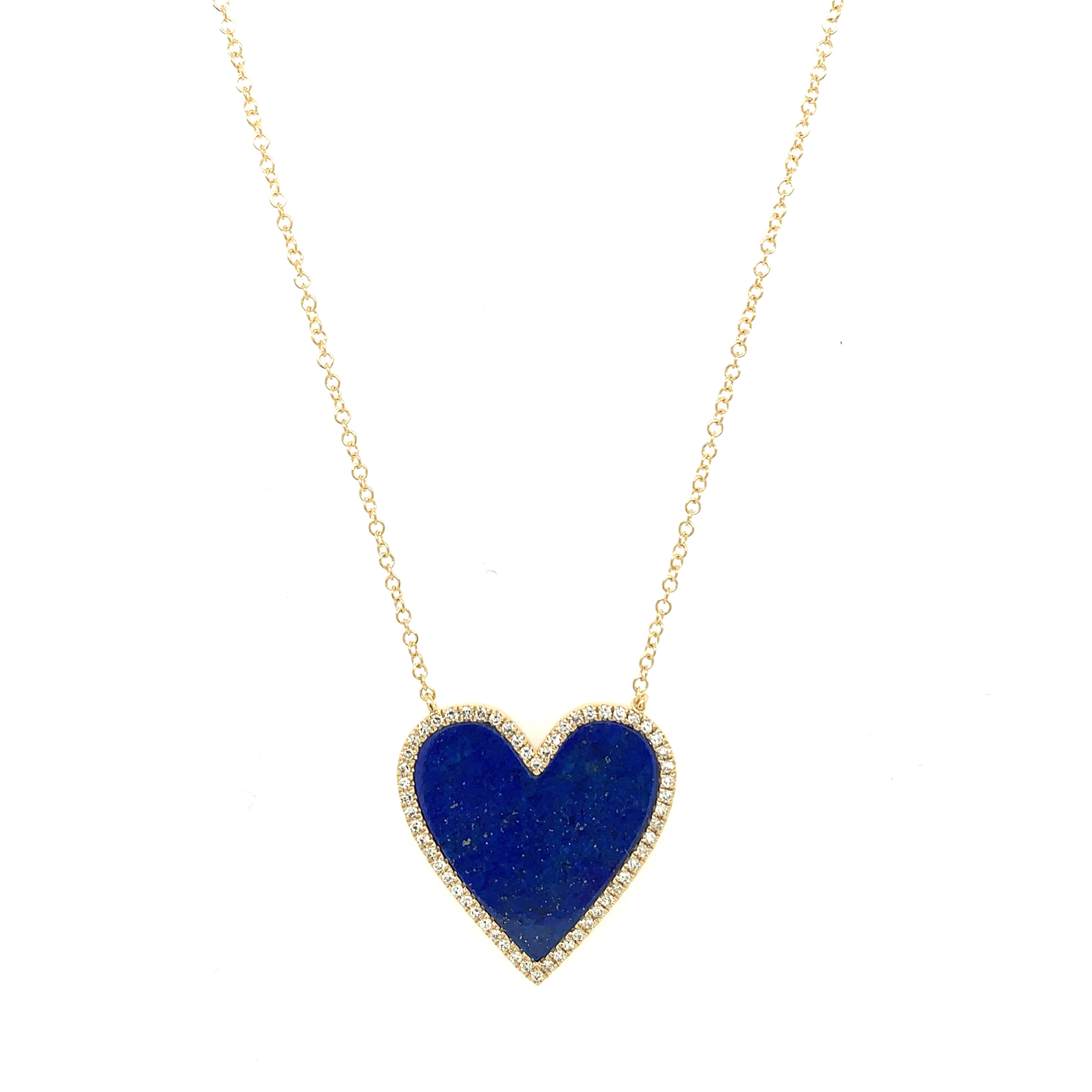 Lapis Heart With Diamond Outline Chain Necklace 14K Yellow Gold 0.18 Diamond Carat Weight 2.69 Lapis Carat Weight Chain: 15.5-17.5" Long Heart: 0.80" Length X 0.78" Width
