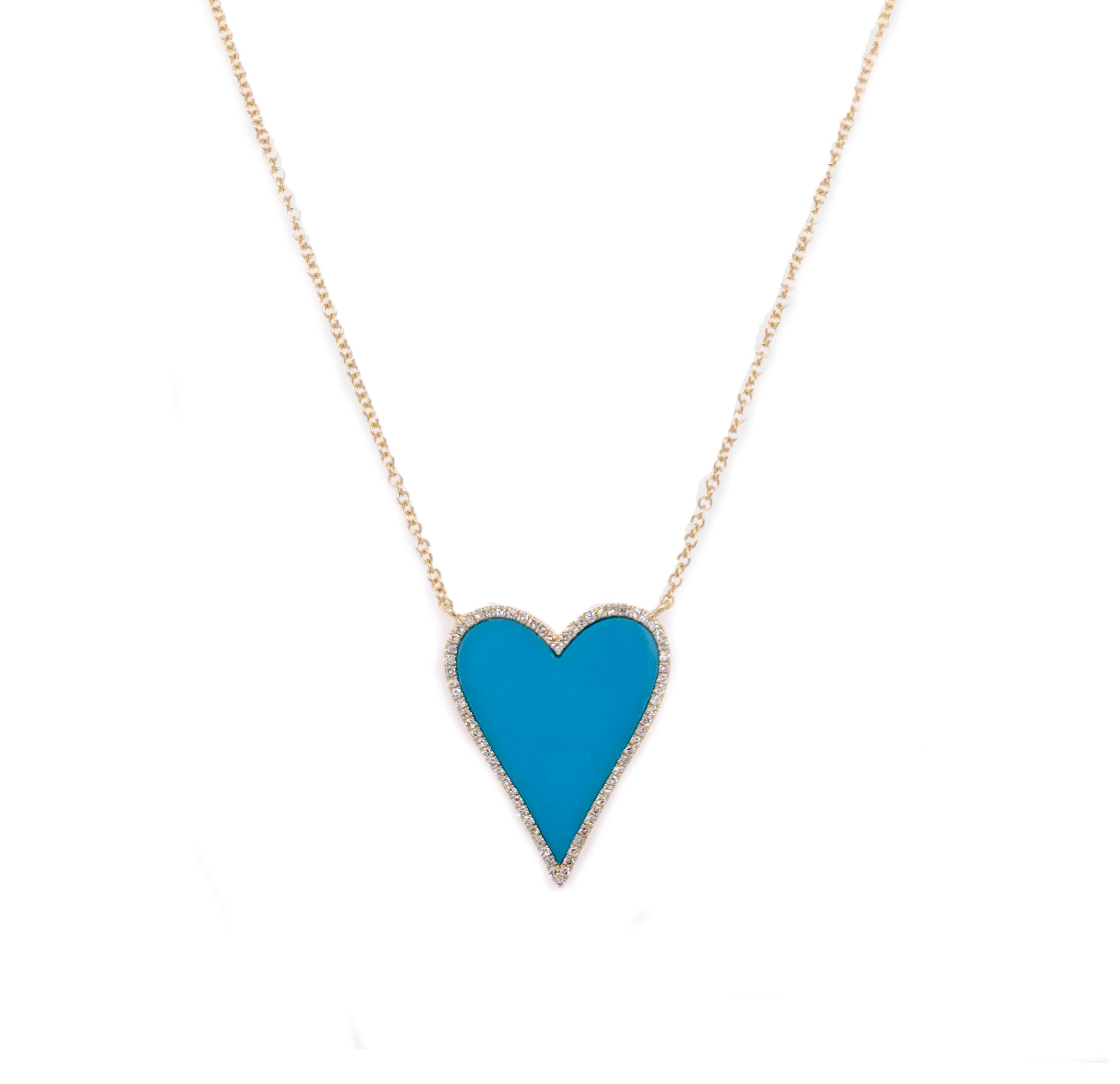 Turquoise & Diamond Heart Necklace 14K Yellow Gold 0.16 Diamond Carat Weight 2.14 Turquoise Carat Weight Heart: 0.9" Length X 0.7" Width Chain: 16-18" Length