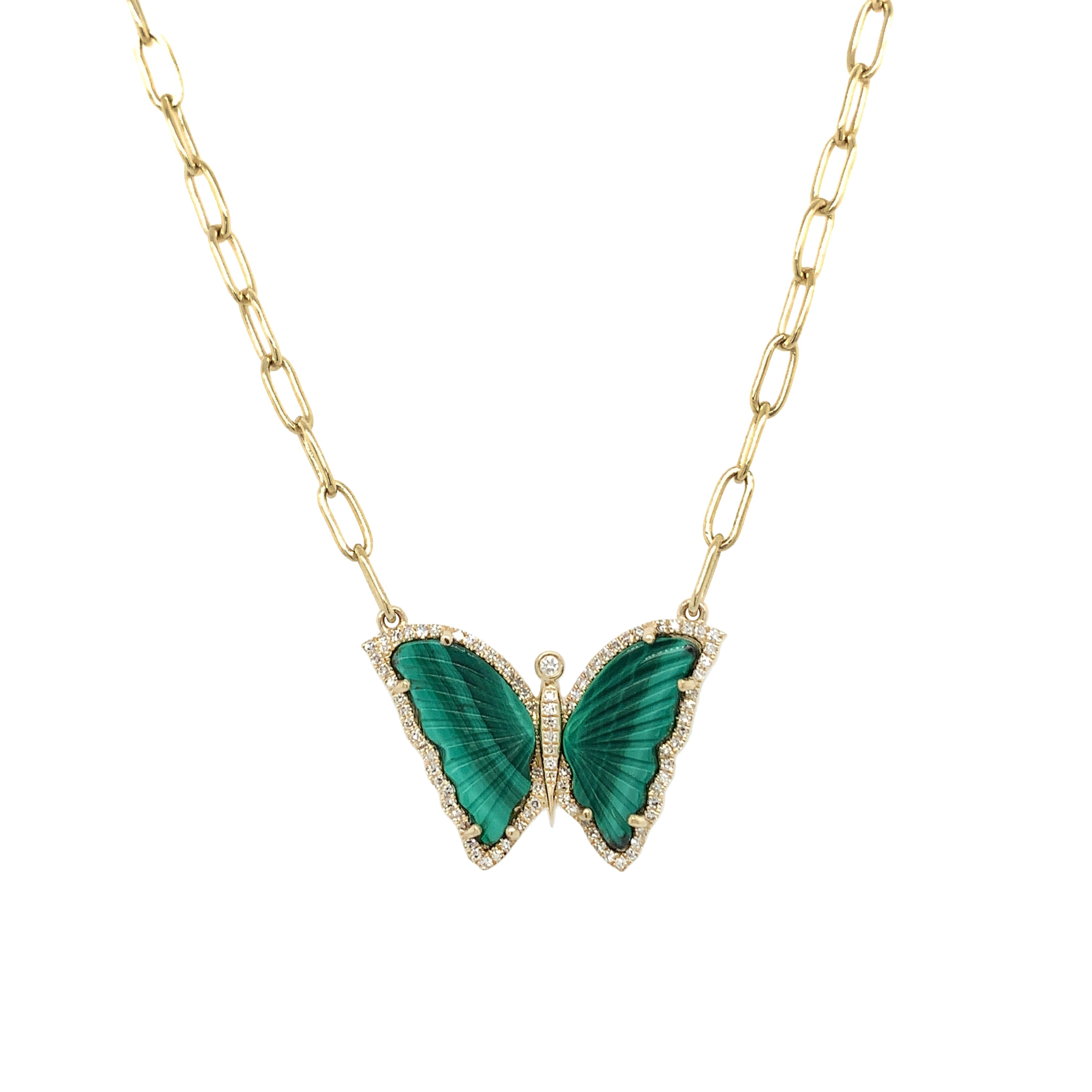 14K Gold Malachite & Diamond Butterfly Paper Clip Chain Necklace 14K Yellow Gold 0.21 Diamond Carat Weight 4.17 Malachite Carat Weight Butterfly: 0.68" Long X 0.92" Wide Chain: 18" Length