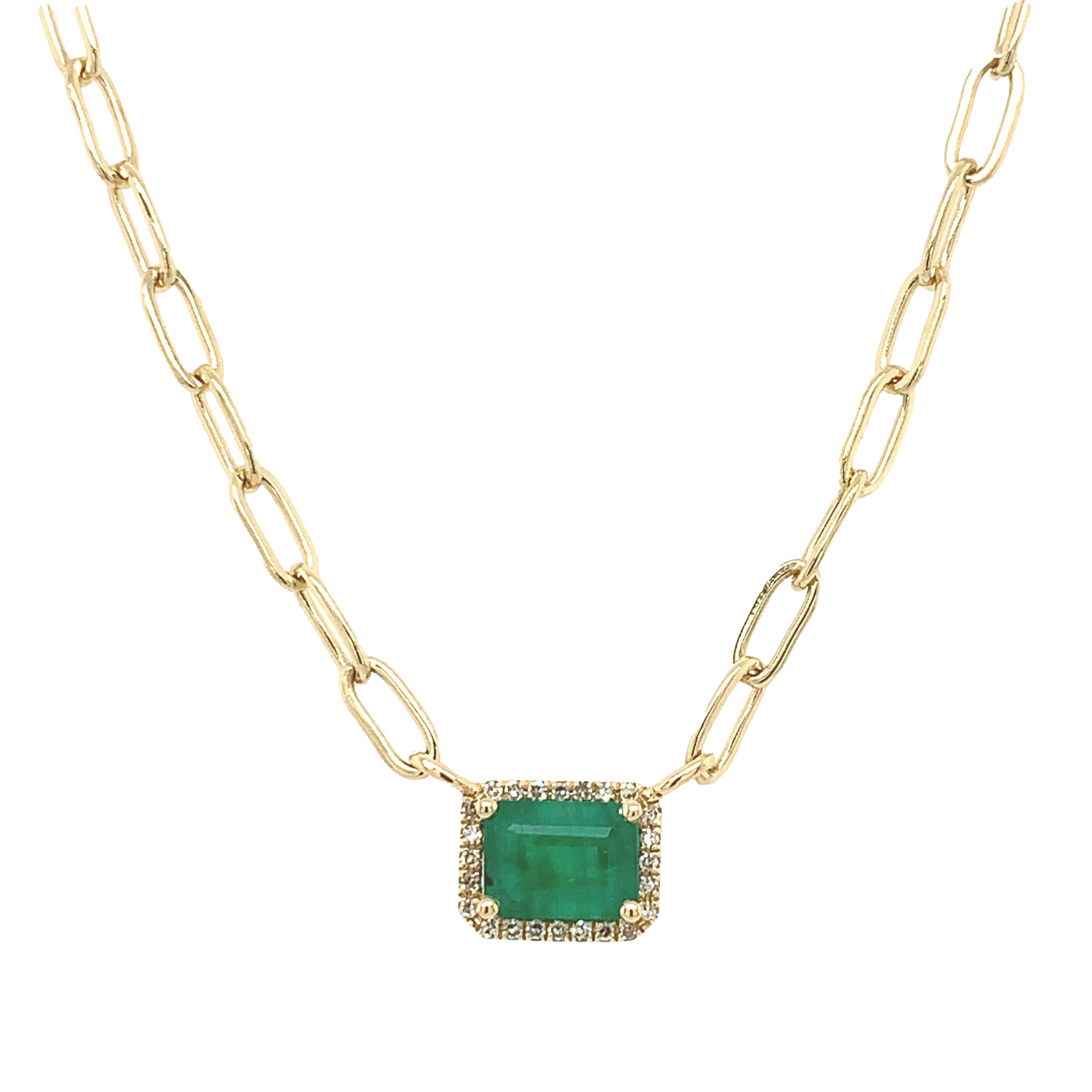 Emerald & Diamond Paperclip Chain Necklace 14K Yellow Gold 0.07 Diamond Carat Weight 0.92 Emerald Carat Weight 0.28" High X 0.35" Wide 15.5" Chain Length