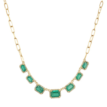Pave Diamond & Emerald Necklace on Paperclip Chain  14K Yellow Gold 0.32 Diamond Carat Weight 3.39 Emerald Carat Weight 7 Emeralds: 2.70" Total Chain: 17" Long