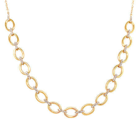 14K Gold Cable Chain with Pave Diamond Spacers 14K Yellow Gold 0.16 Diamond Carat Weight Chain: 15-17" Length Design: 5.25" Length Gold Links: 0.30" Length X 0.23" Width