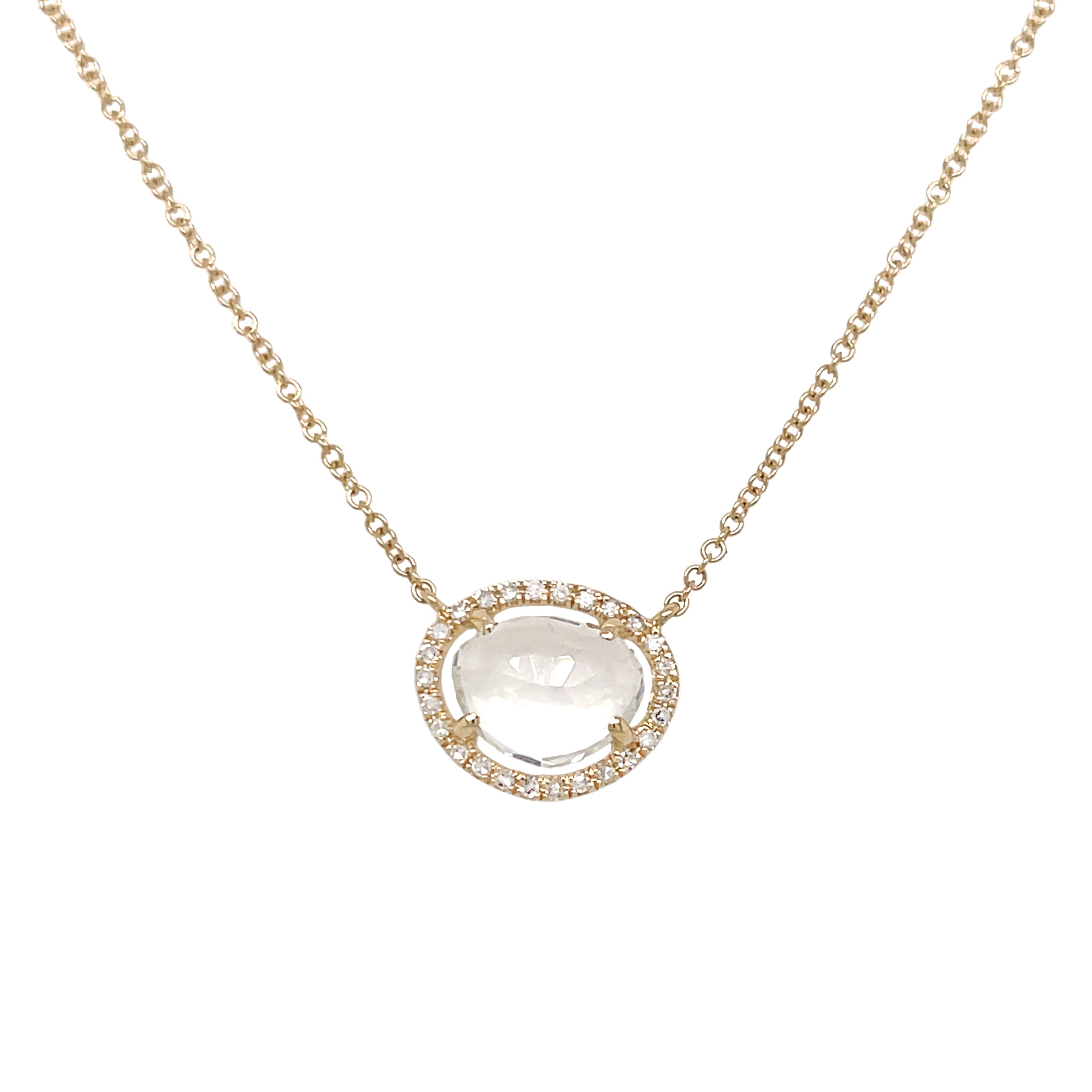 Yellow Gold Pave Diamond Topaz Necklace 14K Yellow Gold 0.10 Diamond Carat Weight 2.23 White Topaz Carat Weight Stone: 0.40" Wide X 0.40" High Chain: 16-18" Length