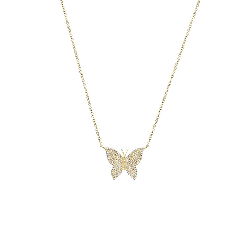 Pave Diamond Butterfly Chain Necklace 14K Yellow Gold 0.36 Diamond Carat Weight Butterfly: 0.50" Length X 0.75'' Width Chain: 16-18" Long
