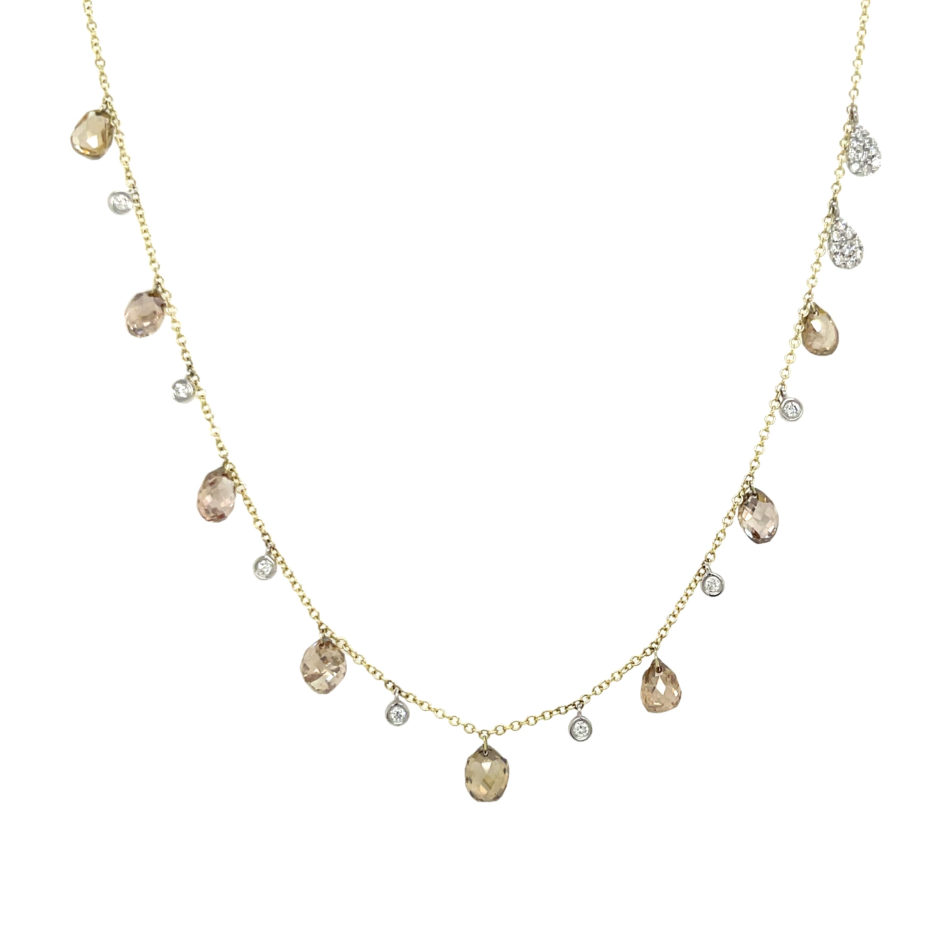White & Brown Diamonds on Delicate Chain Necklace 14K Yellow Gold 3.14 Brown Diamond Briolette Carat Weight 0.24 White Diamond Bezel Carat Weight 16-18" Length
