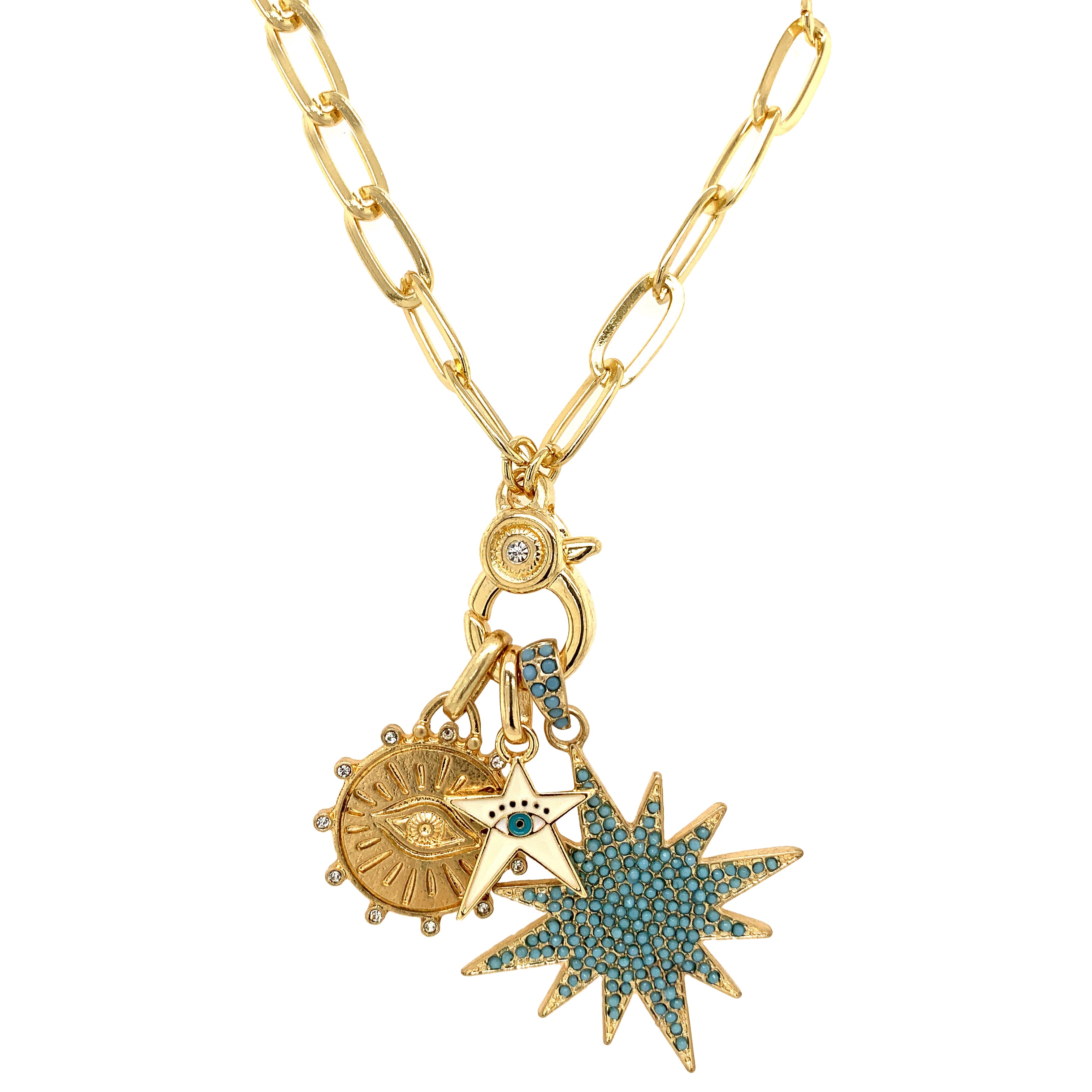 Starburst, Enamel Star with Eye, Eye Disc Charm Necklace 14K Yellow Gold Plated Chain: 32" Length Turquoise Starburst: 1.5" Diameter White Star: 0.5" Diameter Evil Eye Disc: 0.75" Diameter