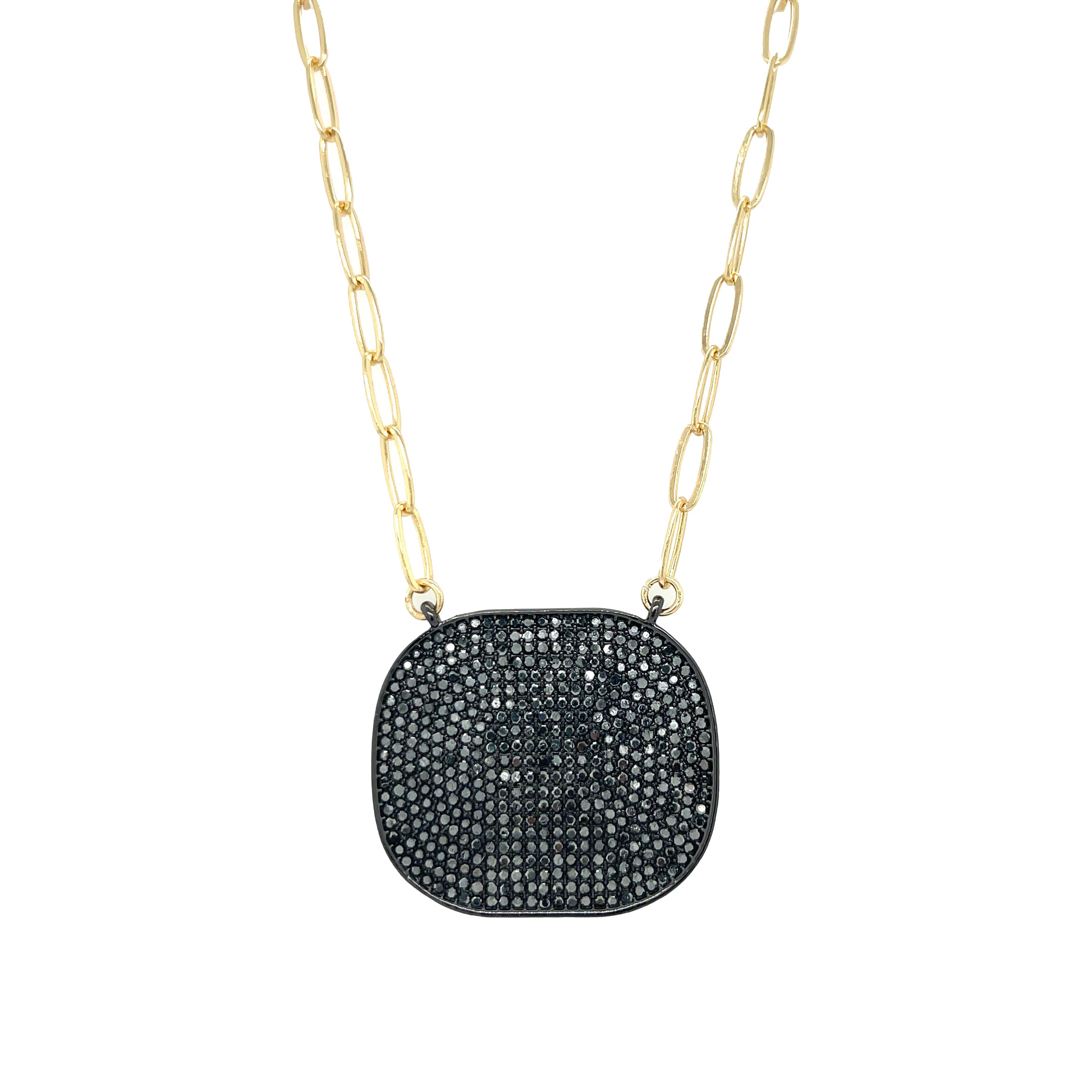 Pave Black CZ Plate Pendant Statement Link Chain Necklace The black CZ stones on the pendant are set in a pave style, creating a unique look that exudes confidence and style. The pendant hangs gracefully from the link chain, adding a touch of sophistication to your look. Make a bold statement with this edgy and chic pendant necklace! Yellow Gold Plated 1.32" Long X 1.52" Wide 16.5" Long