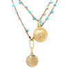 Double Disc CZ Charms On Faux Turquoise Bead Braided String Necklace  Yellow Gold Plated Sunburst Charm: 0.97 Inches in  Diameter Moon & Star Charm: 0.77 Inches in Diameter 32 Inches Long
