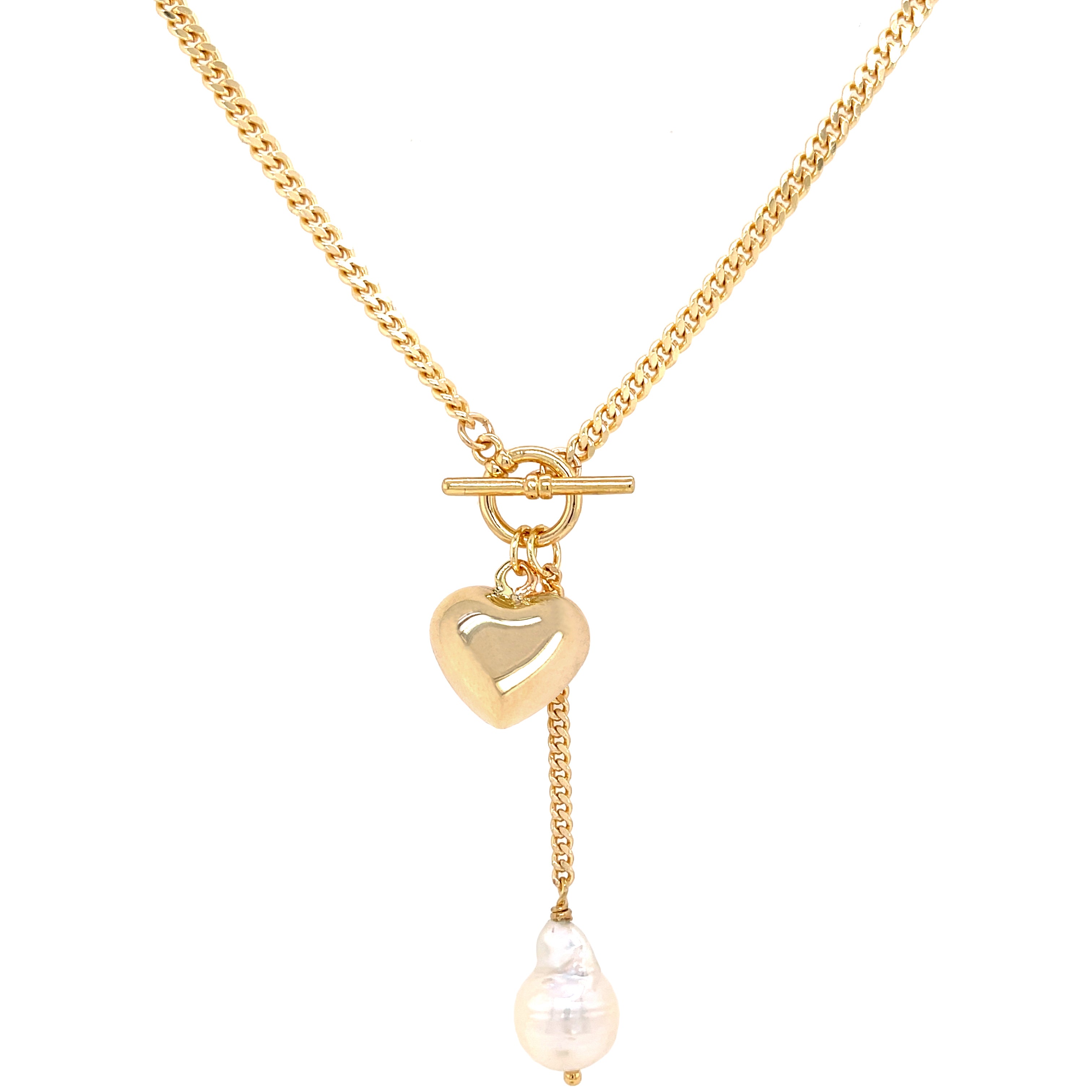 Yellow Gold Plated Heart & Pearl Toggle Necklace Yellow Gold Plated Chain: 18" Long Drop Chain: 2" Long Heart: 0.50" Long X 0.60" Wide Freshwater Pearl: 0.60" Long X 0.40" Wide
