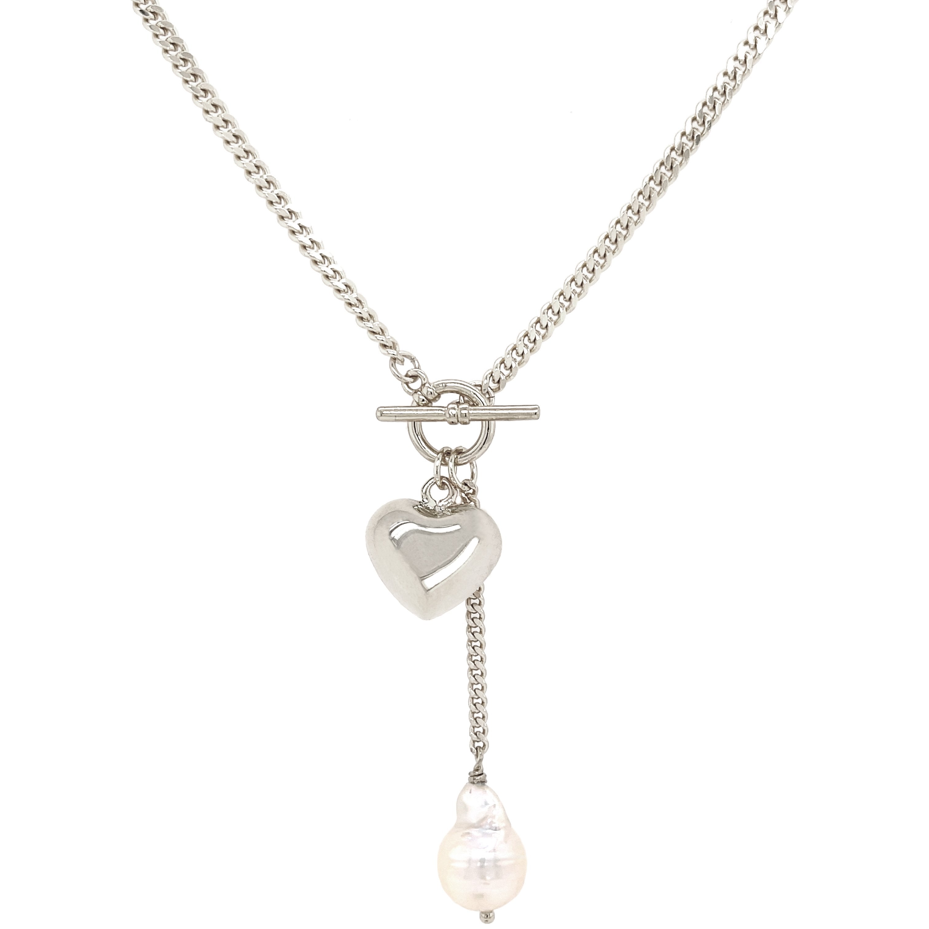 White Gold Plated Heart & Pearl Toggle Necklace White Gold Plated Heart: Approximately 0.50" Long X 0.60" Wide Freshwater Pearl: 0.60" Long X 0.40" Wide 2" Drop 18" Long