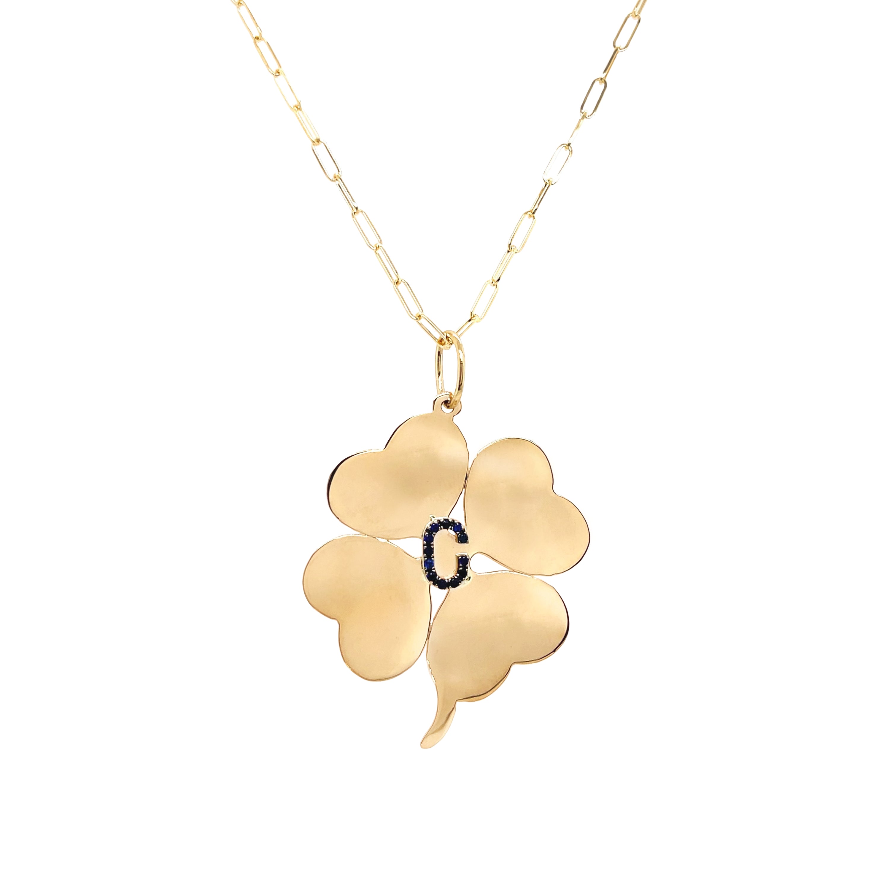 Pave Blue Sapphire Letter Large Clover Chain Necklace 14K Yellow Gold Sapphire Carat Weight depends on the letter Chain: 20" Length Clover: 1.55" Length X 1.34" Width Letter: 0.30" Length X 0.30" Width