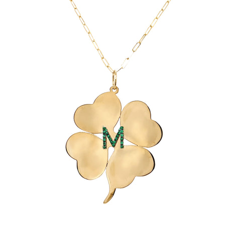 Pave Emerald Letter Large Clover Chain Necklace  14K Yellow Gold Emerald Carat Weight depends on the letter Chain: 30" Length Clover: 2.15" Length X 1.83" Width Letter: 0.40" Length X 0.40" Width