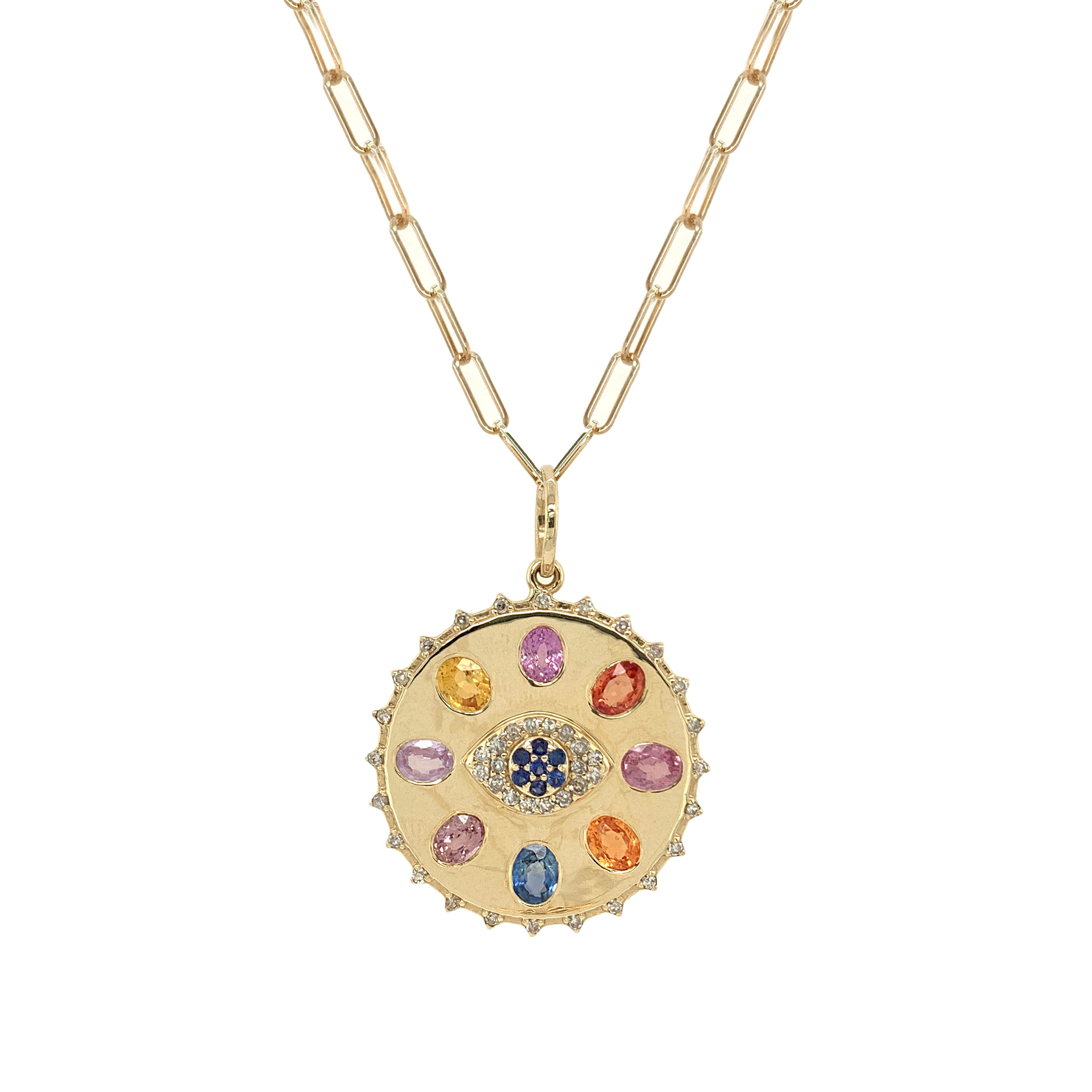 Multi Color Sapphire & Diamond Evil Eye Disc Paperclip Chain Necklace 14K Yellow Gold 2.03 Carats of Sapphire 0.22 Carat Diamond Weight 18" Long