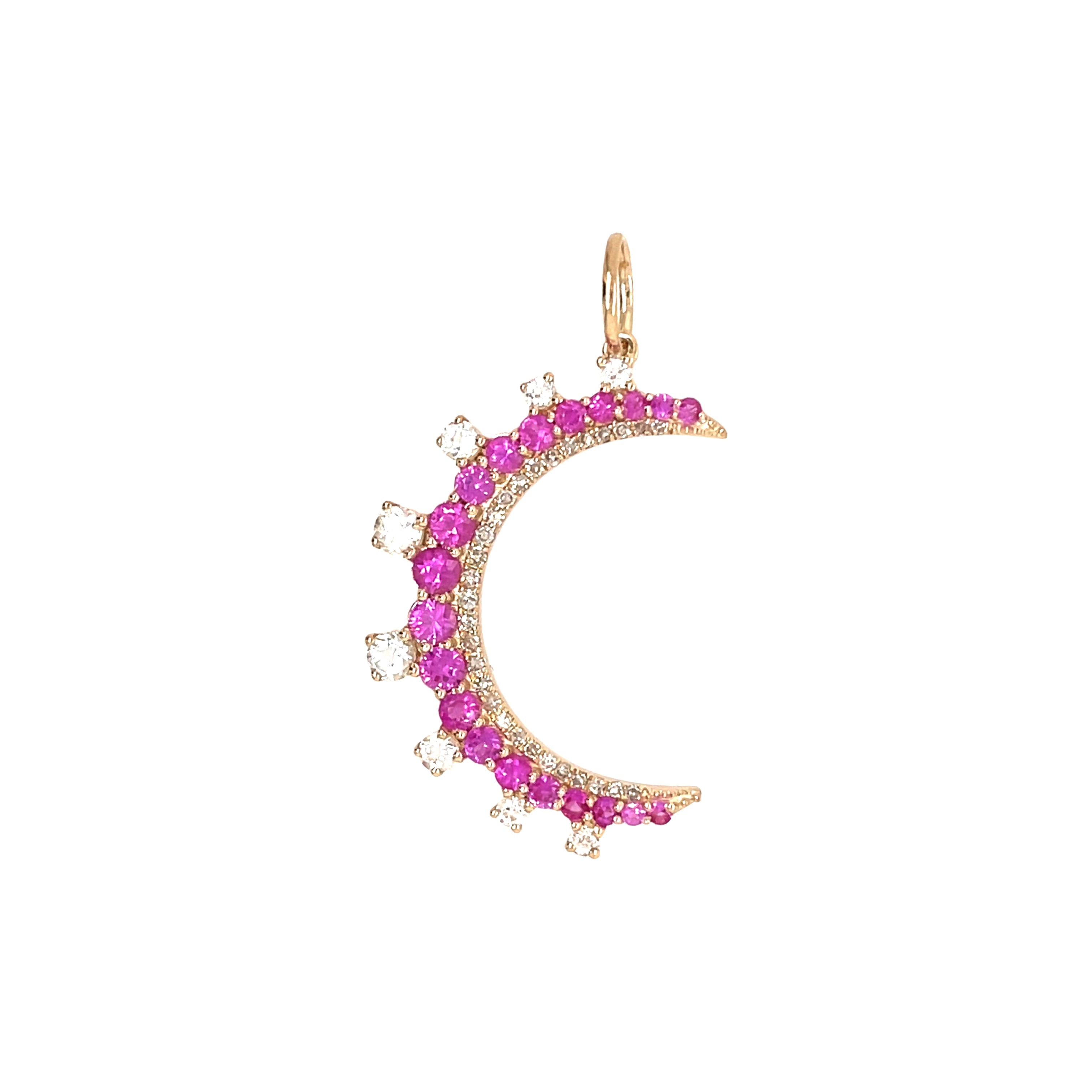 Pink Sapphire & White Topaz Moon Charm 14K Yellow Gold 1.13 Pink Sapphire Carat Weight 0.18 Diamond Carat Weight 0.62 White Topaz Carat Weight 1.20" High X 0.85" Wide