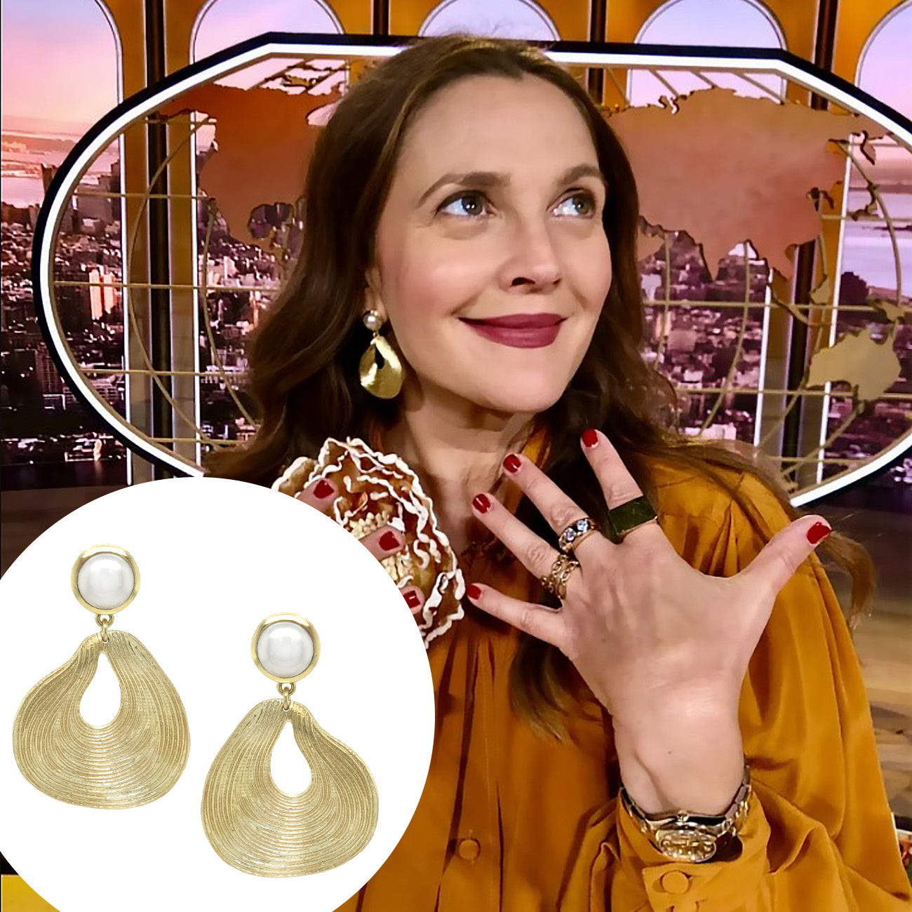 Textured Organic Shape With Pearl Top Pierced Earrings 18K Yellow Gold Plated 2" Length X 1.4" Width As worn by Drew Barrymore