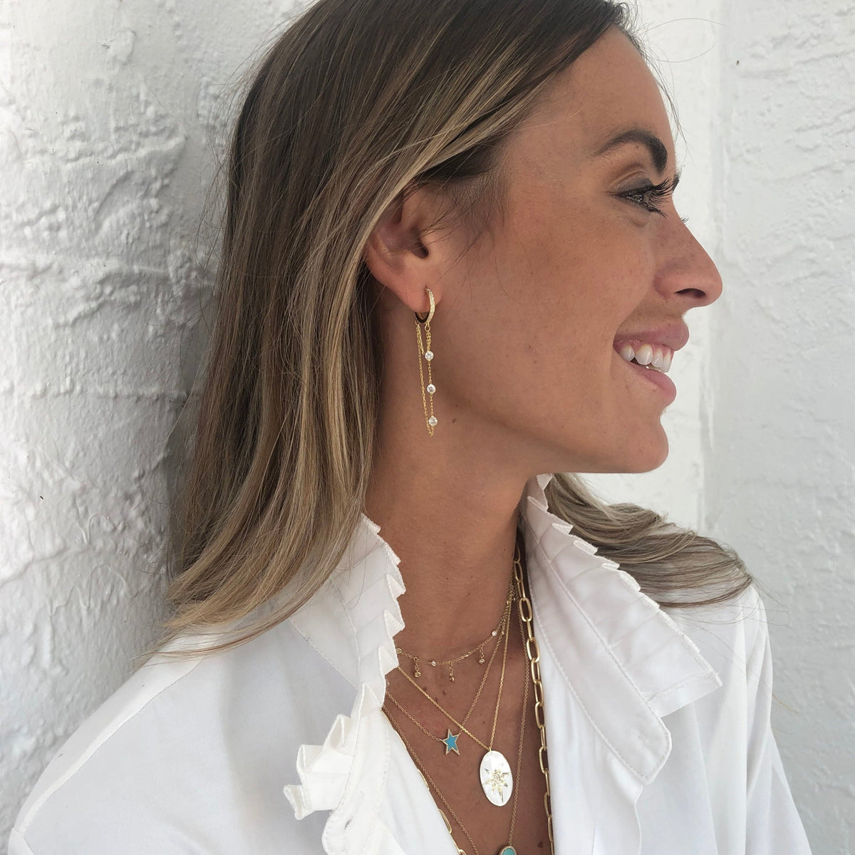 Double Chain with CZ's Pierced Huggie Earrings Yellow Gold Plated Over Silver 0.53" Huggie 2.3" Total Length