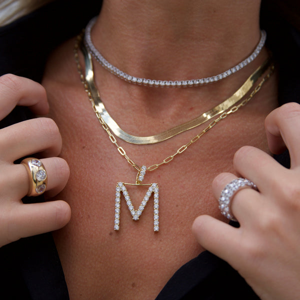 Gold plated alphabet necklace-cz studded initial M 