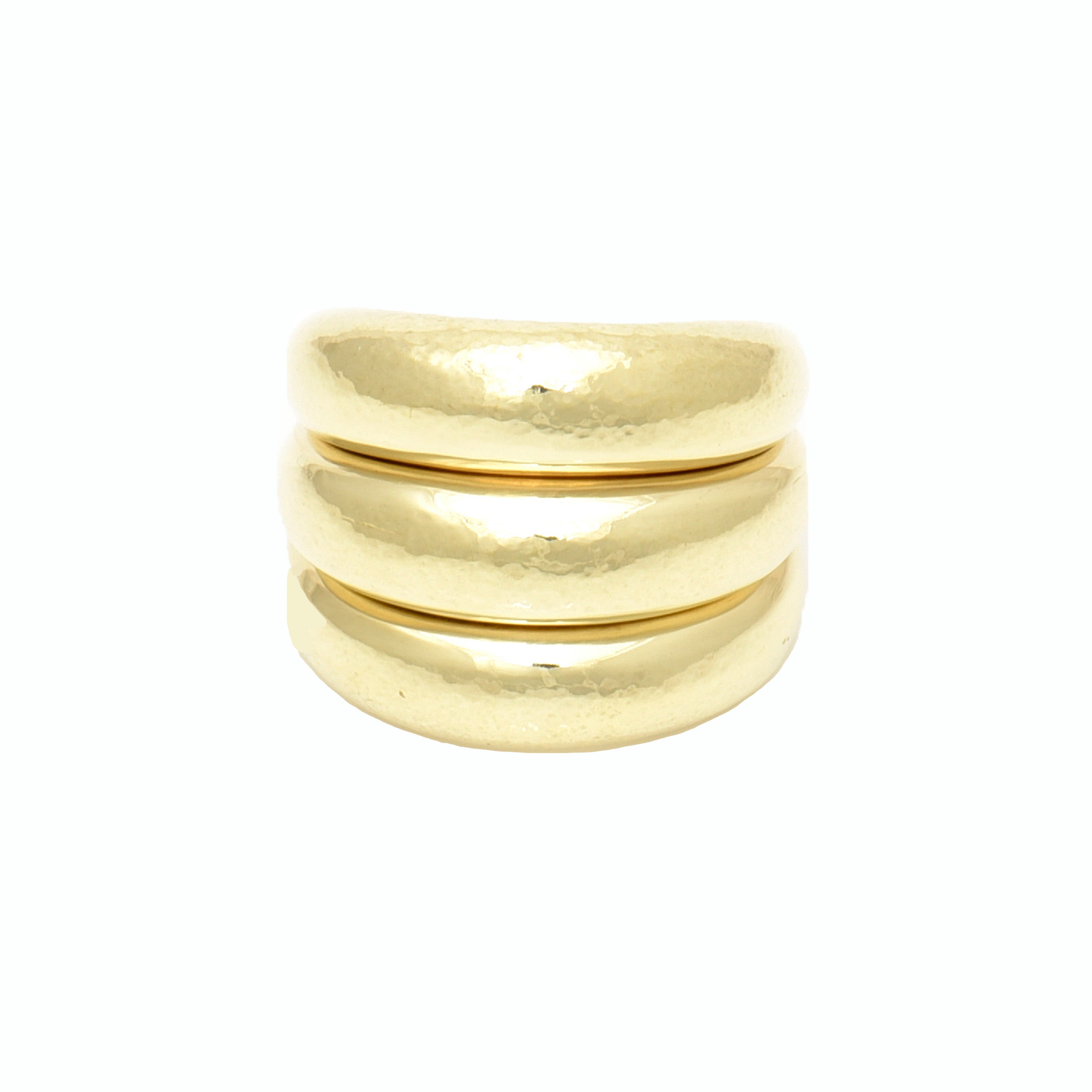Triple Band Hammered Ring  Triple Band Ring is a beautiful piece of jewelry that is crafted from 14K green gold plated over silver and soldered together to create a seamless and stunning design. The unique hammered finish adds texture and depth to the ring, catching the light in all the right places. This ring is perfect for anyone who is looking to add a touch of elegance to their everyday style.  14K Green Gold Plated Over Silver 0.75" Long For additional sizes, please call our boutiques.