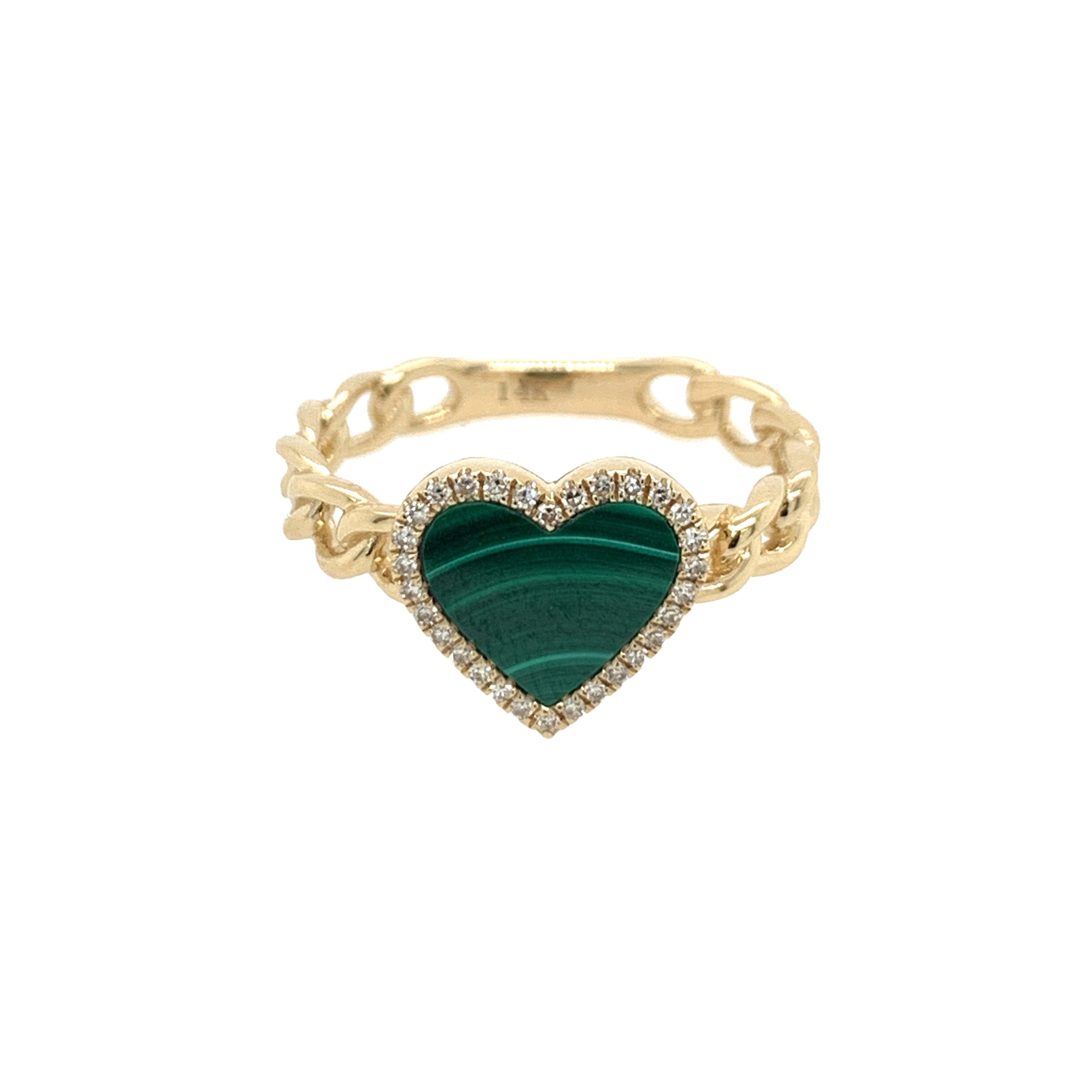 Malachite & Diamond Heart Chain Ring 14K Yellow Gold 0.8 Diamond Carat Weight 0.86 Malachite Carat Weight Band: 0.13" Thick Heart: 0.40" Length X 0.43" Width