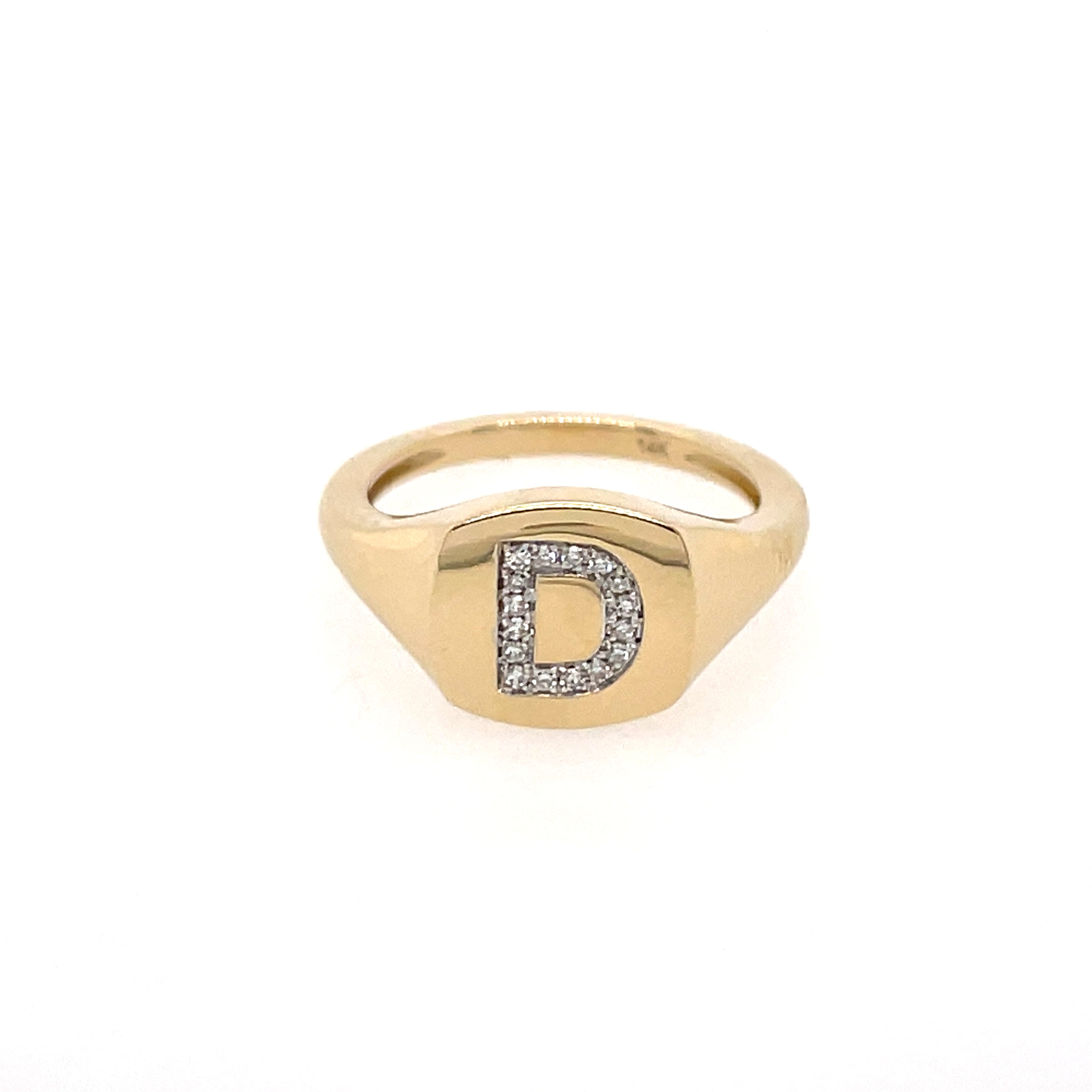 Letter D 14K Yellow Gold 0.06 Diamond Carat Weight Square Signet: 0.35" Ring Size 3.5