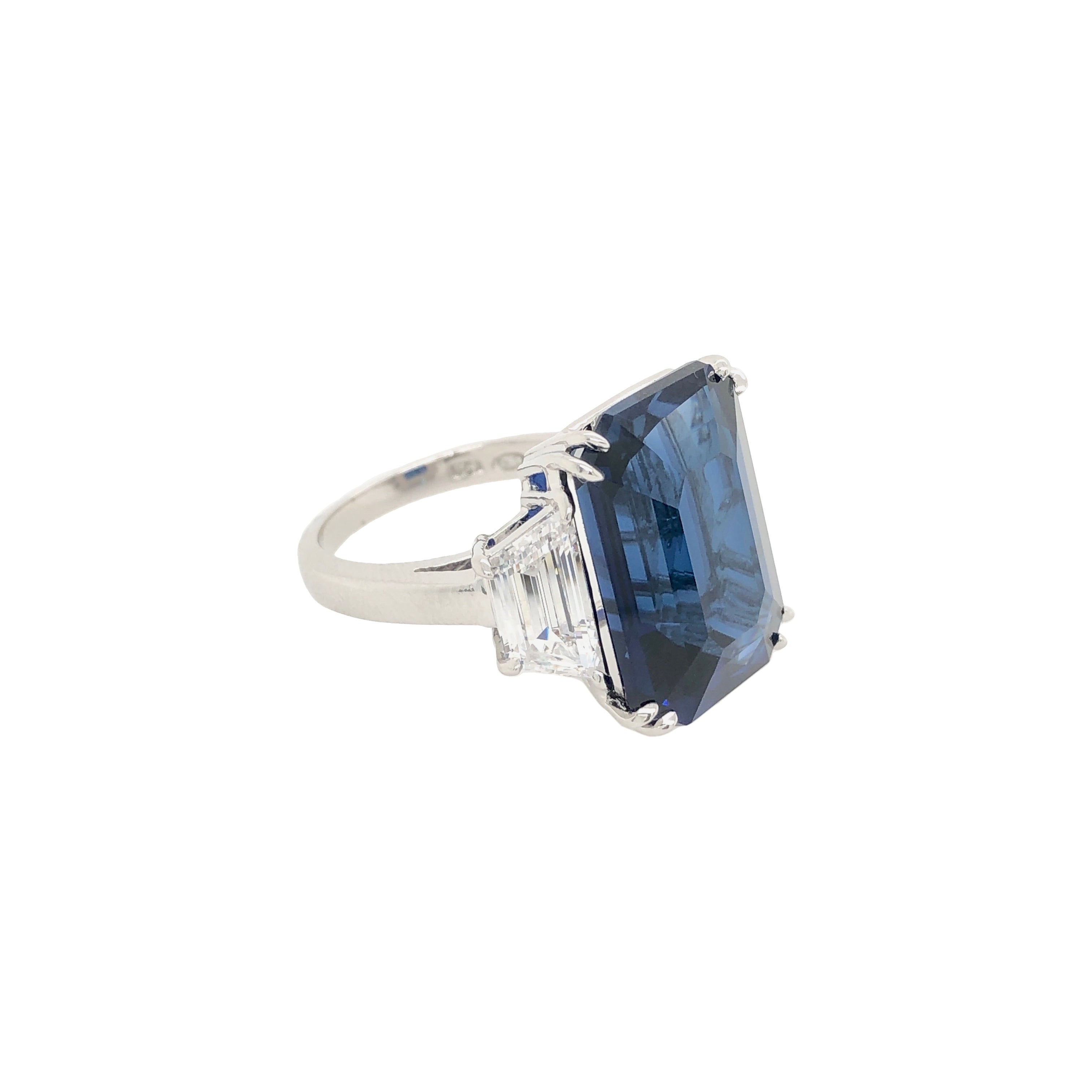 Faux Sapphire Emerald Cut With Trapezoids CZ Ring White Gold Plated Over Silver 0.7" Long X 0.8" Wide
