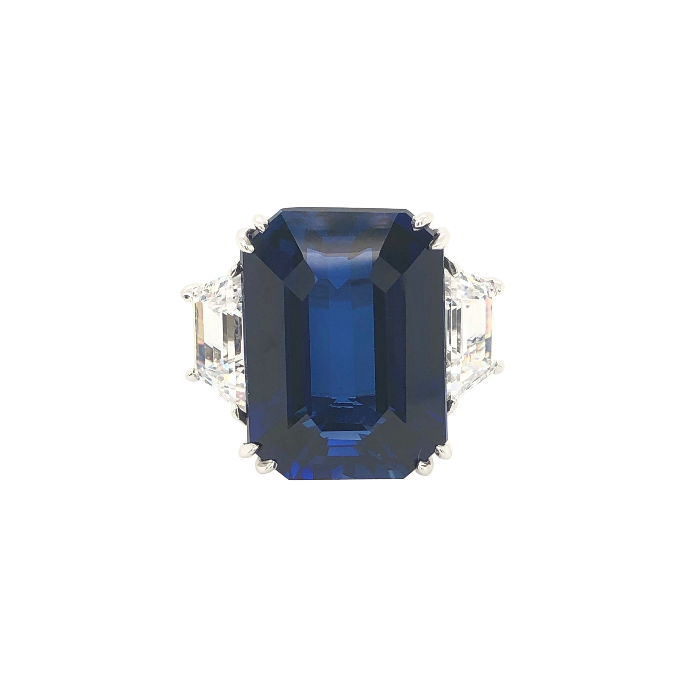 Faux Sapphire Emerald Cut With Trapezoids CZ Ring White Gold Plated Over Silver 0.7" Long X 0.8" Wide