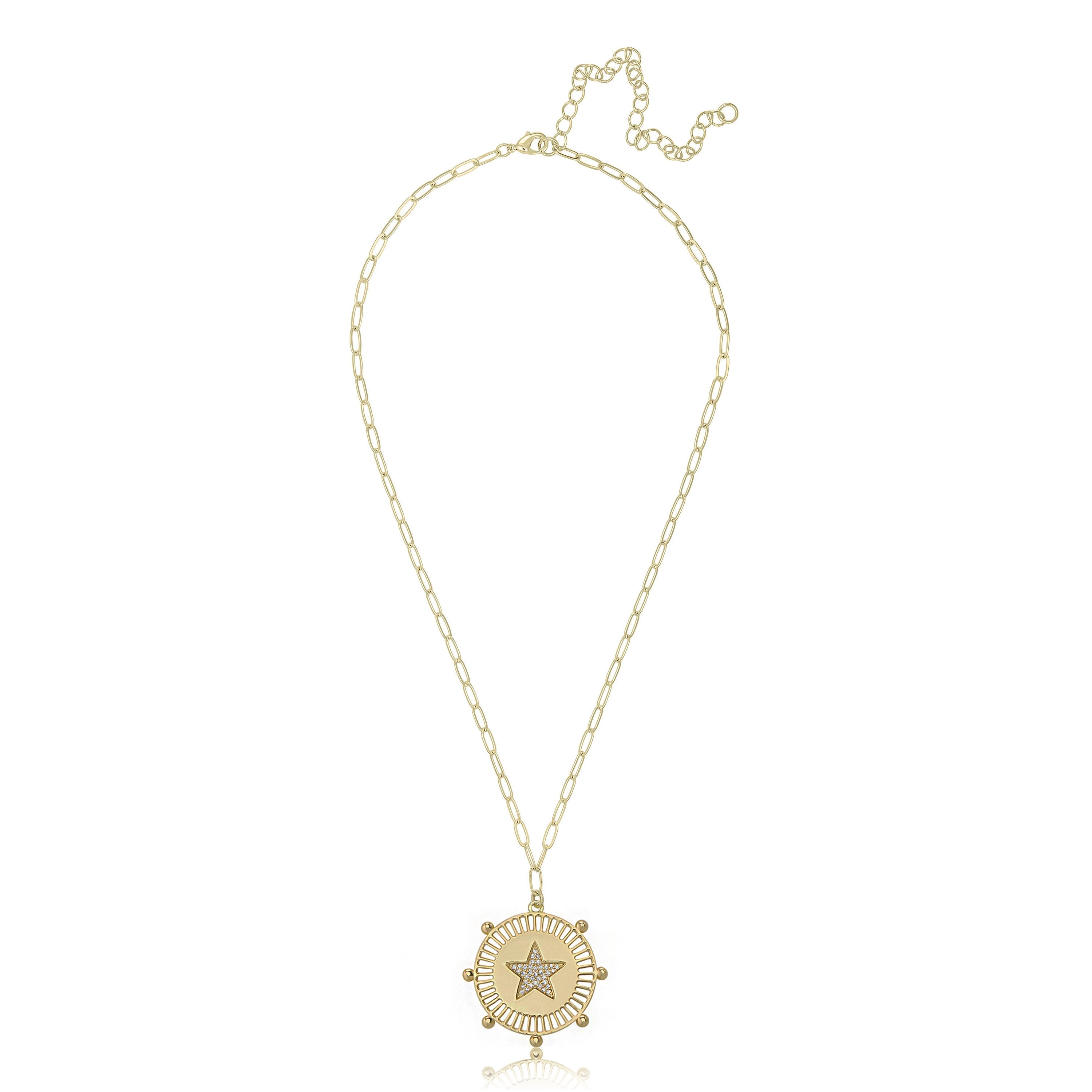 Yellow Gold Plated Pave Star Medallion Necklace on Paperclip Chain Yellow Gold Plated 16-20" Length Medallion approximately 1" Star approximately 1/2"