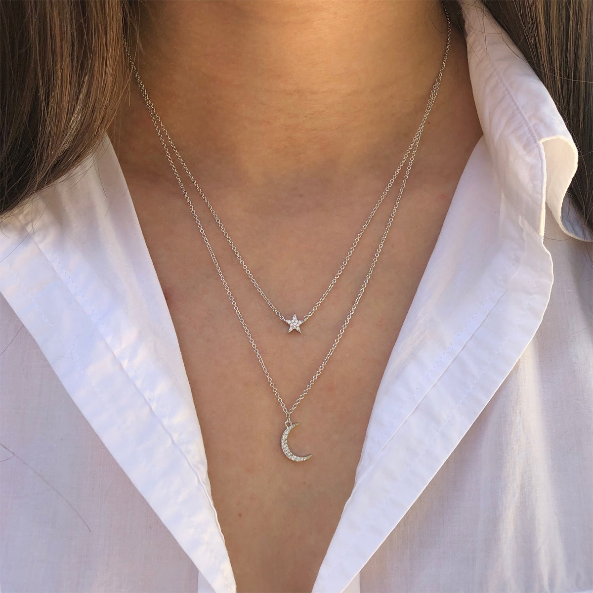Layered Star & Moon Necklace White Gold Plated 16-20" Long Faux Pave Diamond
