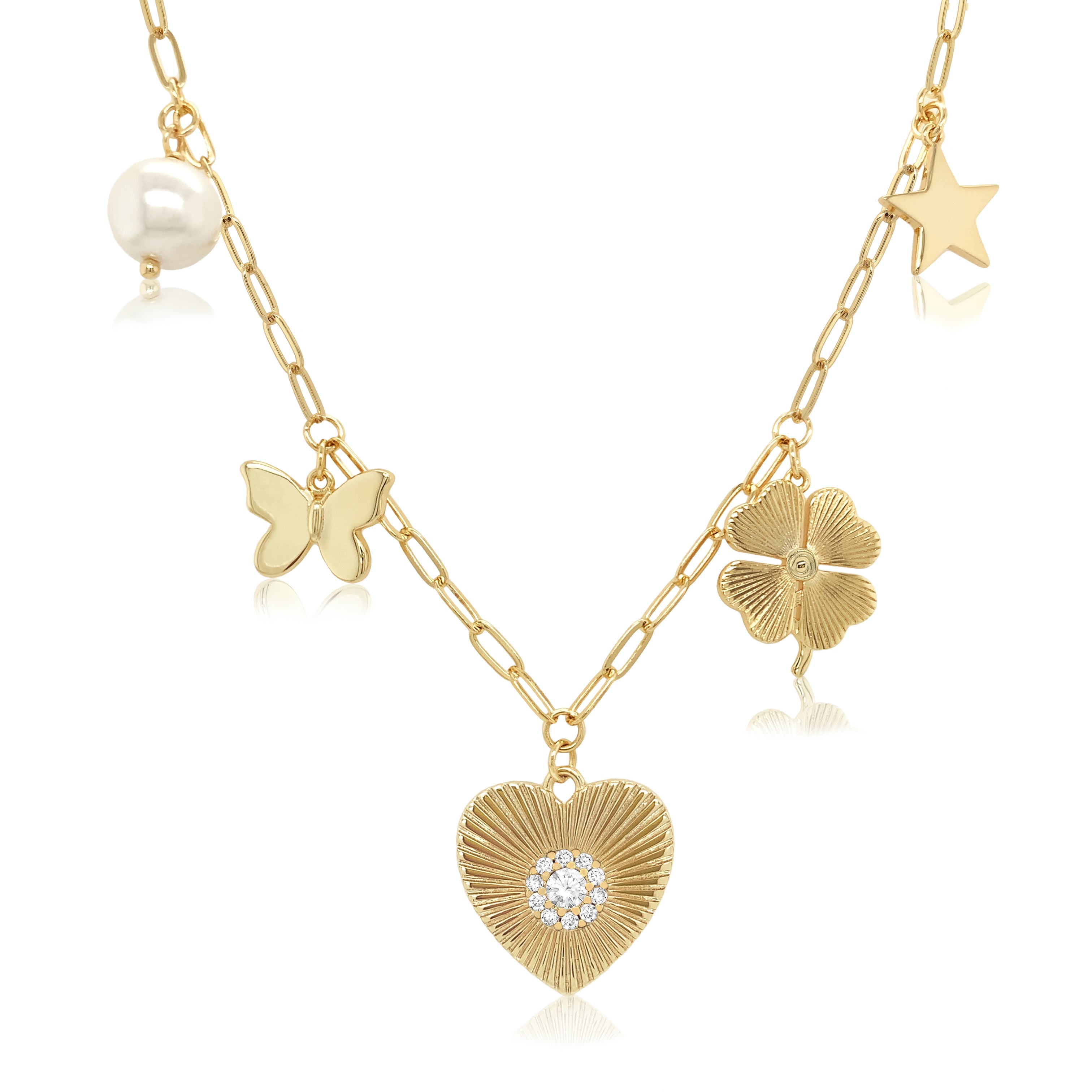 Pearl, Butterfly, CZ Heart, Clover, & Star Charm Chain Necklace 14K Yellow Gold Plated Can be worn 16 to 20" Large disk charm approximately 3/4" Small disk charm approximately 1/3 to 1/2" Pave-set with high intensity CZs