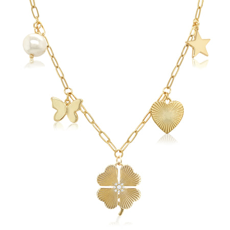 Pearl, Butterfly, CZ Clover, Heart, & Star Charm Chain Necklace  14K Yellow Gold Plated Chain: 16-20" Length Large charm: 0.75" Diameter Small charm: 0.30-0.50" Diameter Pave-set with high intensity CZs