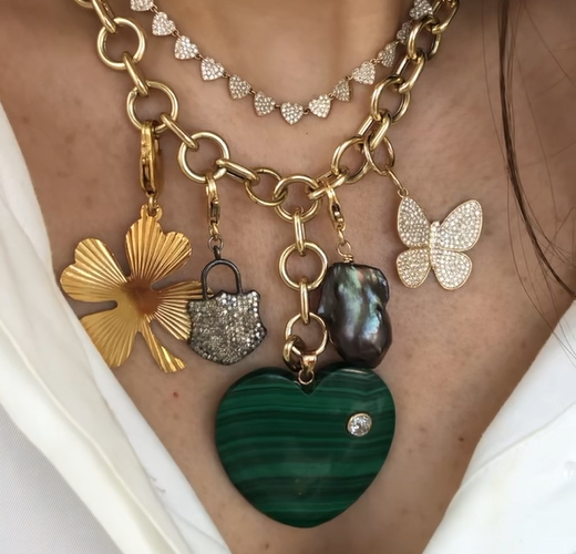 Oversized Malachite & Diamond Heart Necklace 0.5 Diamond Carat Weight Pendant: 1.57" Length X 1.57 Inches Width 18.0" Chain Length