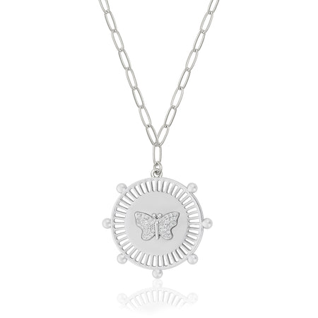White Gold Plated Pave Butterfly Medallion Necklace on Paperclip Chain  White Gold Plated Medallion: 1" Diameter Butterfly: 0.5" Diameter Chain: 16-20" Long
