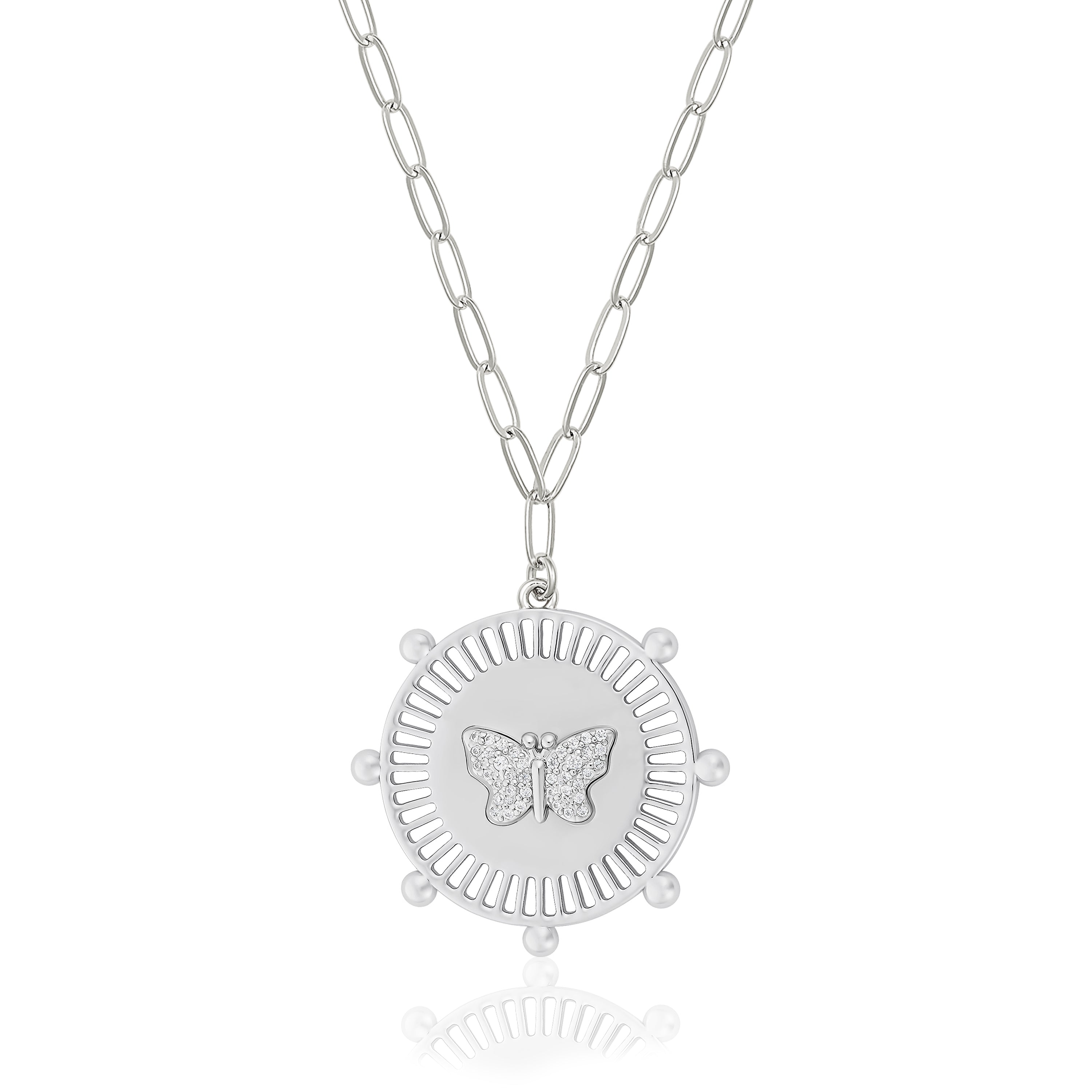 White Gold Plated Pave Butterfly Medallion Necklace on Paperclip Chain White Gold Plated Medallion: 1" Diameter Butterfly: 0.5" Diameter Chain: 16-20" Long