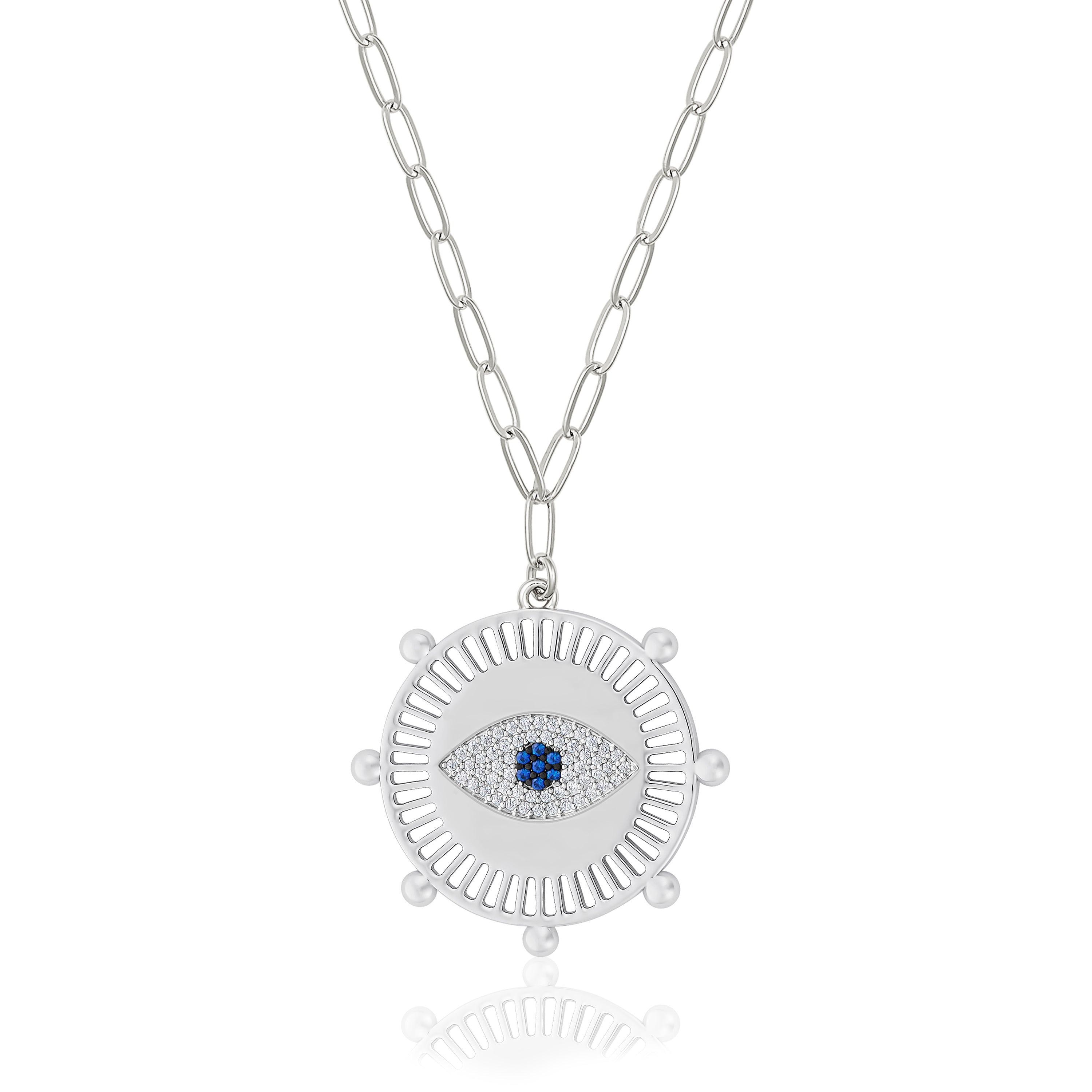 White Gold Plated Pave Evil Eye Medallion Necklace on Paperclip Chain White Gold Plated Medallion: 1" Diameter Eye: 0.6" Diameter Chain: 16-20" Long