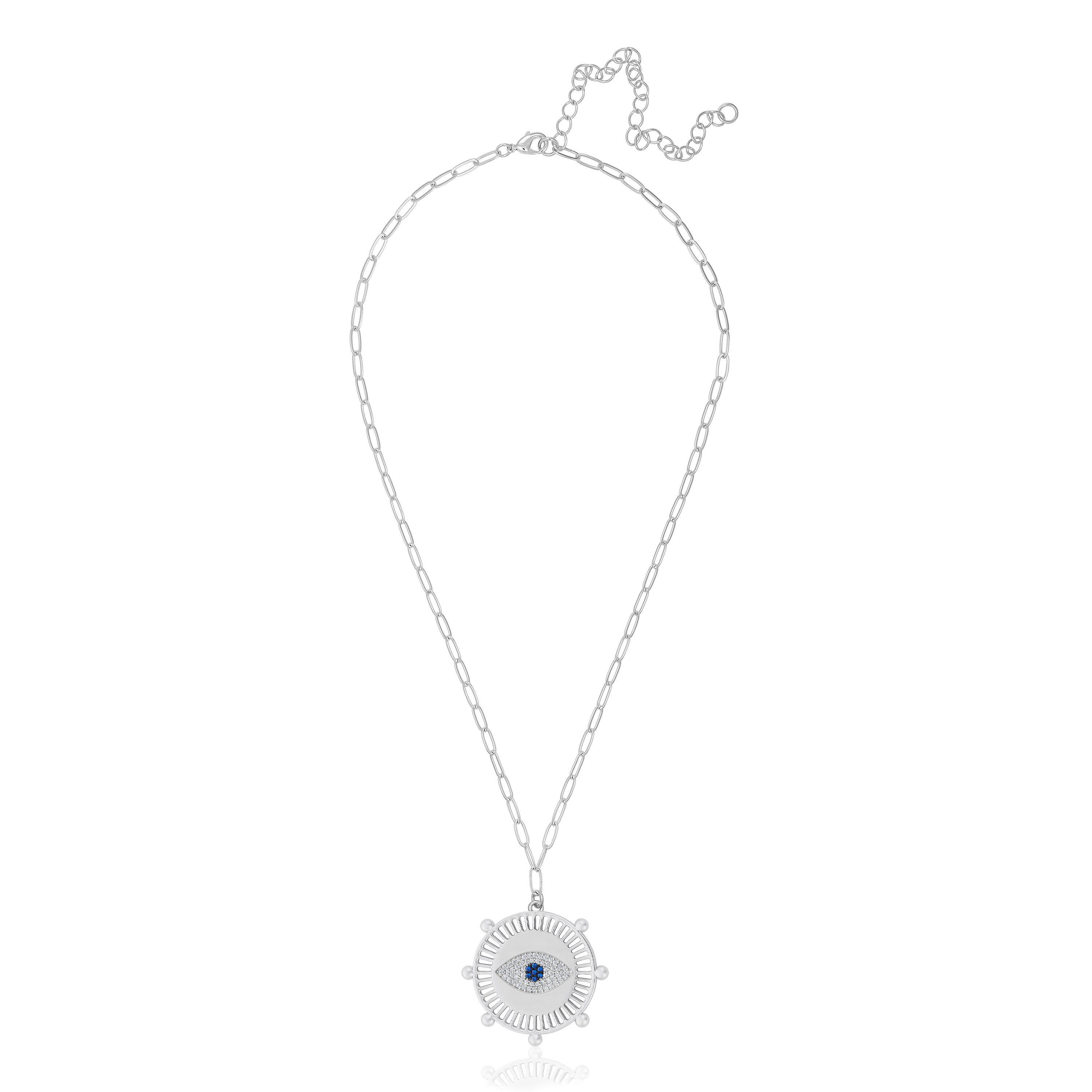 White Gold Plated Pave Evil Eye Medallion Necklace on Paperclip Chain White Gold Plated Medallion: 1" Diameter Eye: 0.6" Diameter Chain: 16-20" Long
