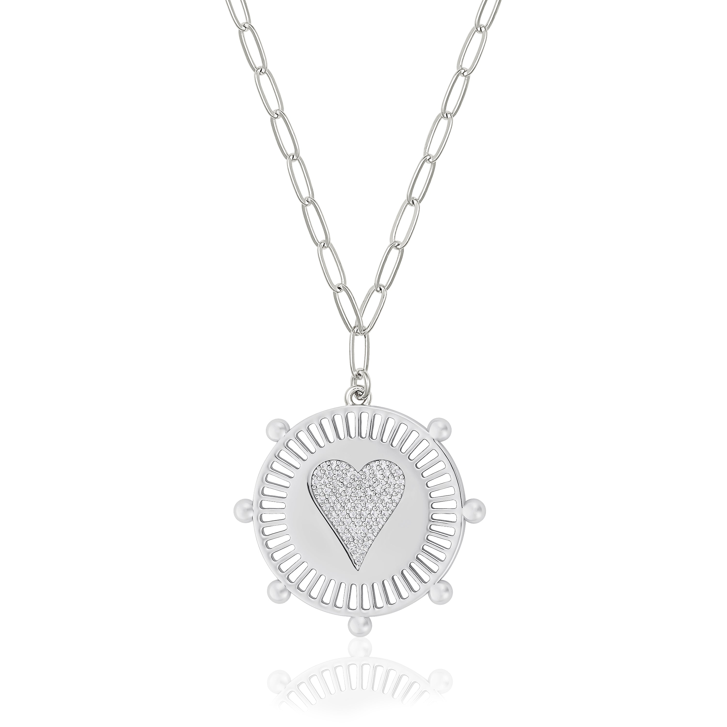 White Gold Plated Pave Heart Medallion Necklace on Paperclip Chain White Gold Plated Medallion: 1" Diameter Heart: 0.5" Diameter Chain: 16-20" Long