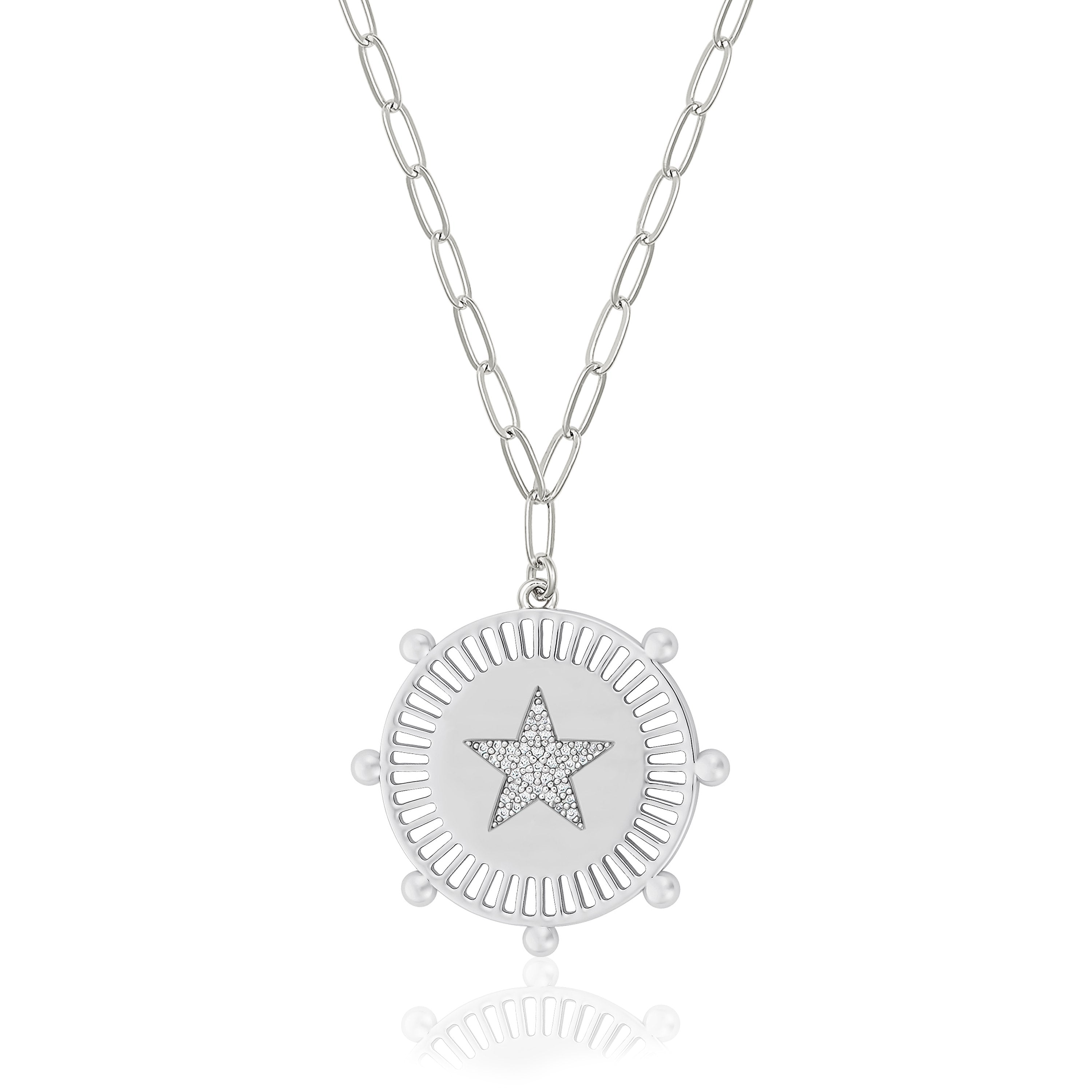 White Gold Plated Pave Star Medallion Necklace on Paperclip Chain White Gold Plated 16-20" Length Medallion approximately 1" Star approximately 1/2"